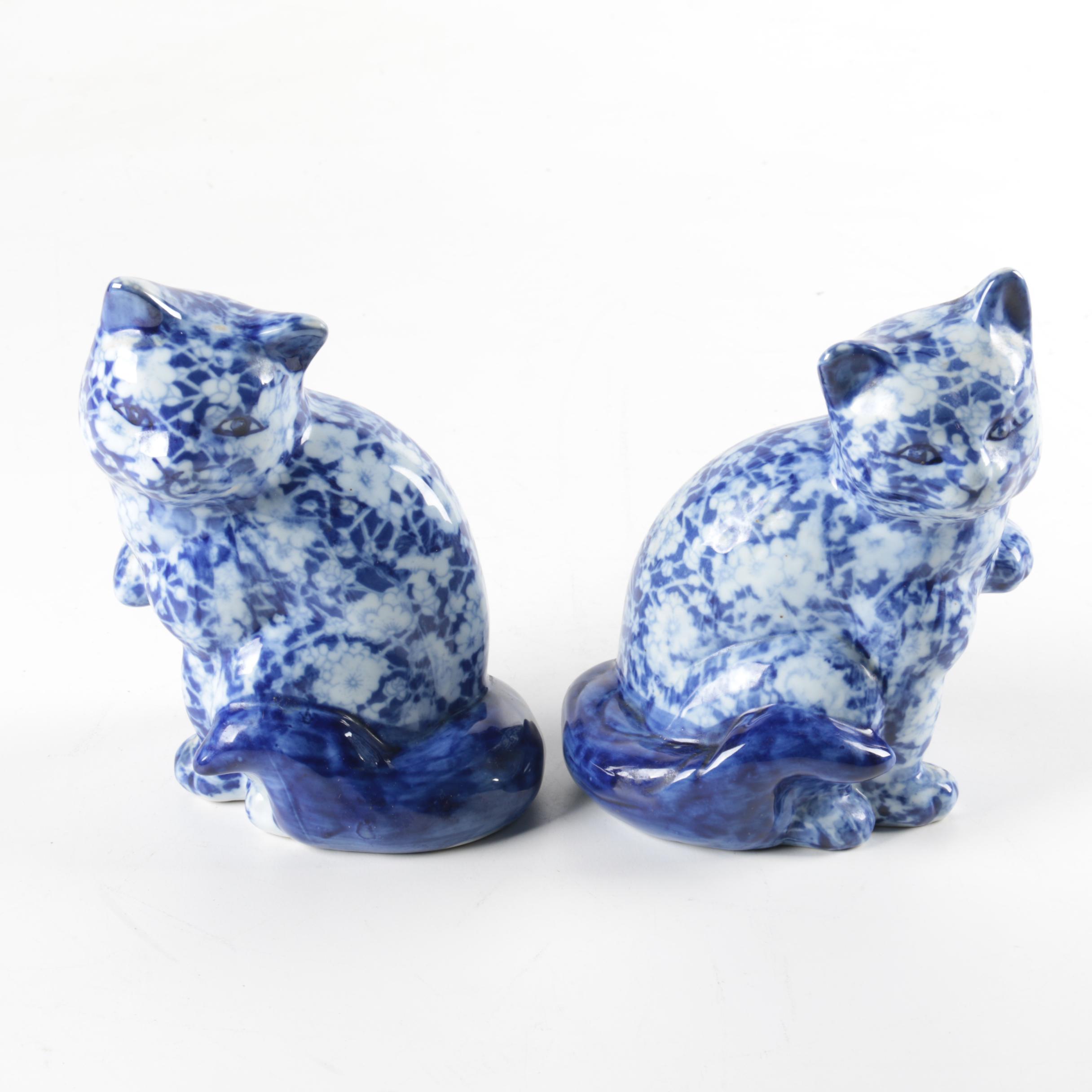 Blue and White Calico Cat Figurines