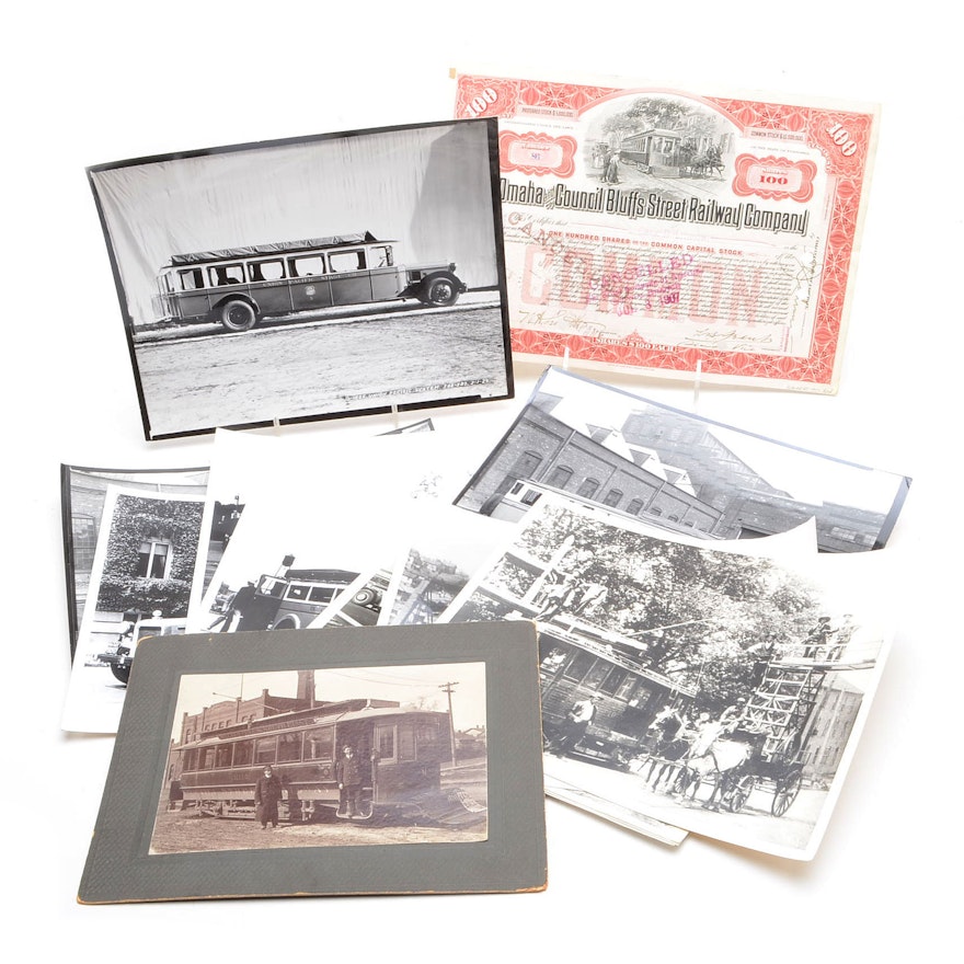 Antique Trolley Car and Bus Photographs With Stock Certificate