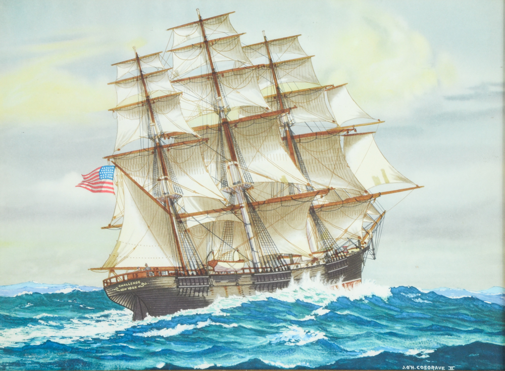 John O'Hara Cosgrave II Watercolor and Ink Painting "Clipper Ship Challenge"