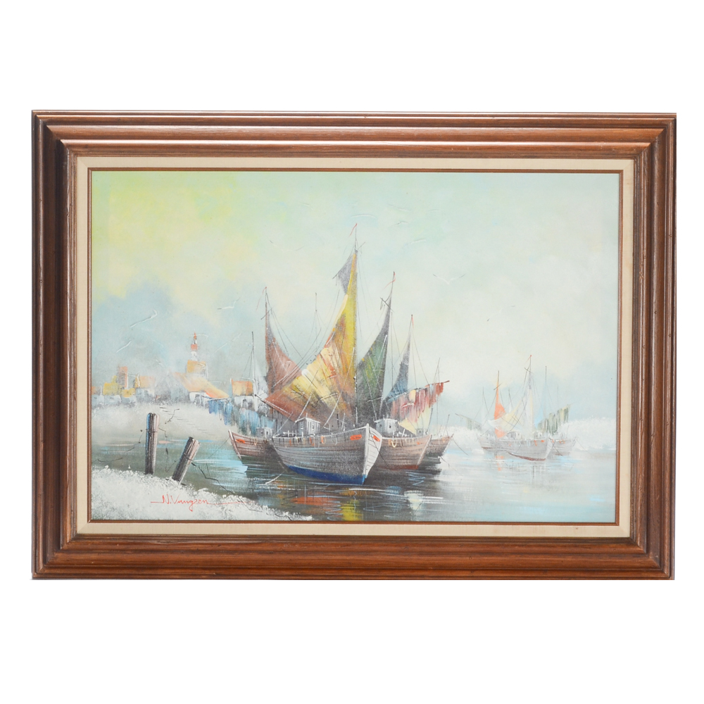 N. Vangeen Original Oil Painting of a Harbor Scene