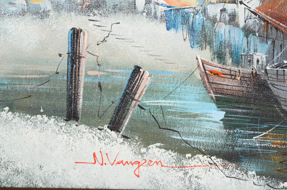 N. Vangeen Original Oil Painting of a Harbor Scene