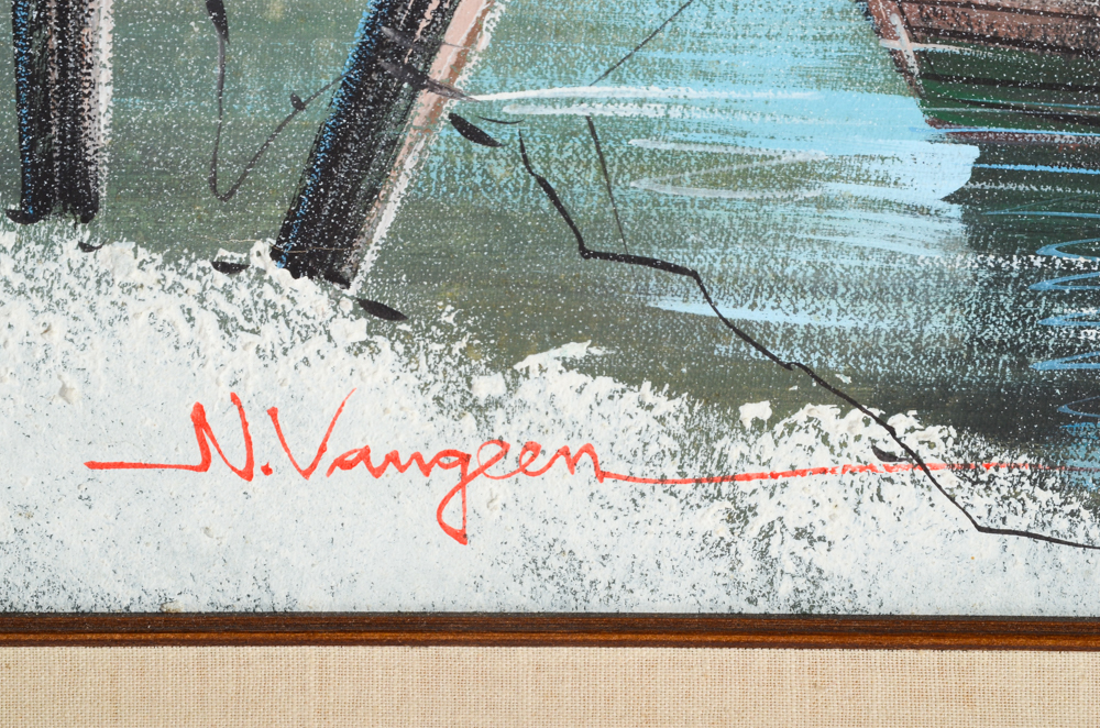 N. Vangeen Original Oil Painting of a Harbor Scene