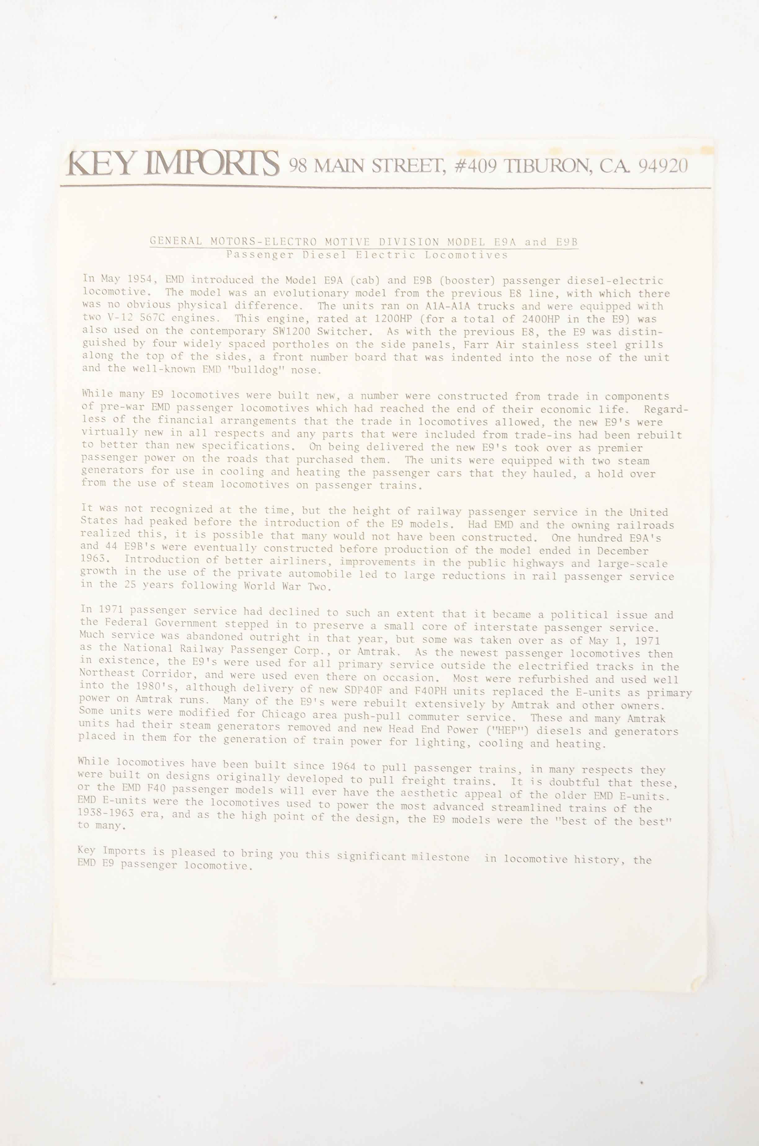 Key Imports EMD E-9 Locomotive Southern Pacific Black Widow