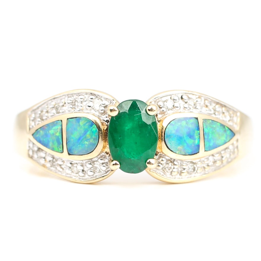 14K Yellow Gold Emerald, Diamond, and Opal Inlay Ring