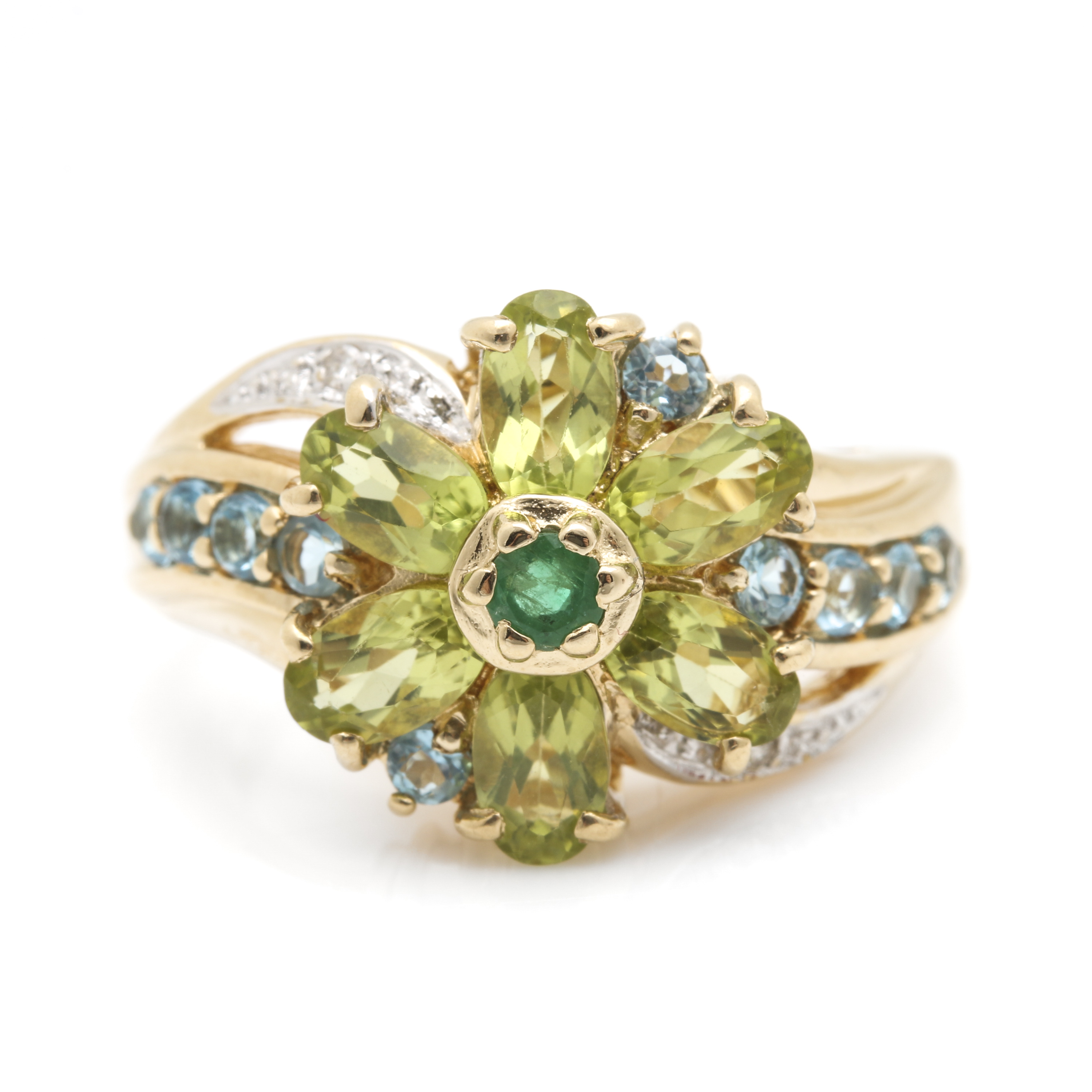 14K Yellow Gold Gemstone and Diamond Floral Ring