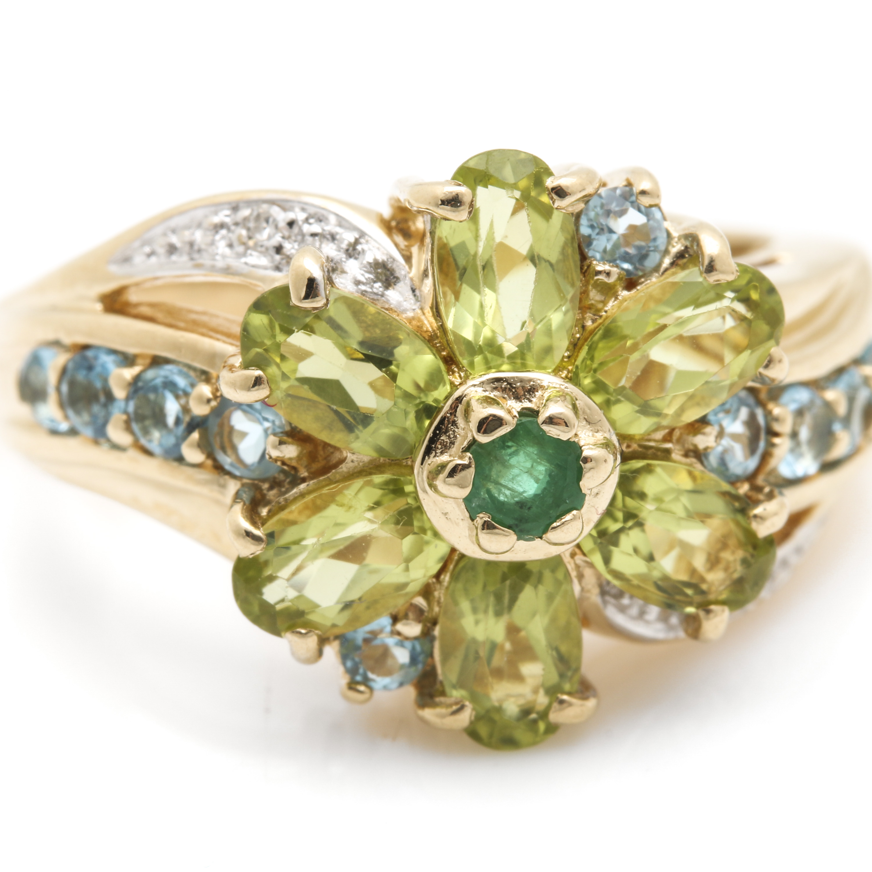 14K Yellow Gold Gemstone and Diamond Floral Ring