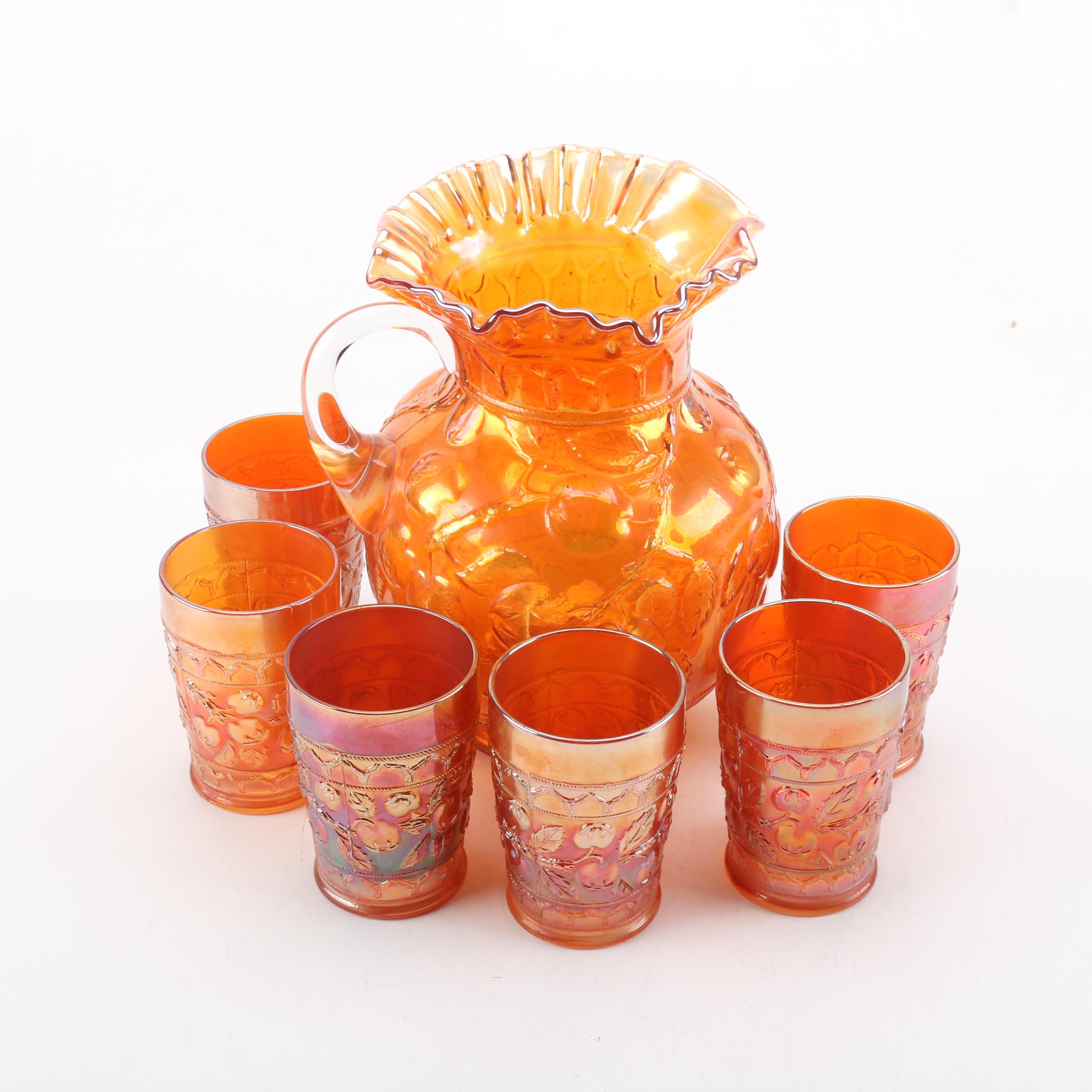Vintage Orange Carnival Glass Pitcher and Cups