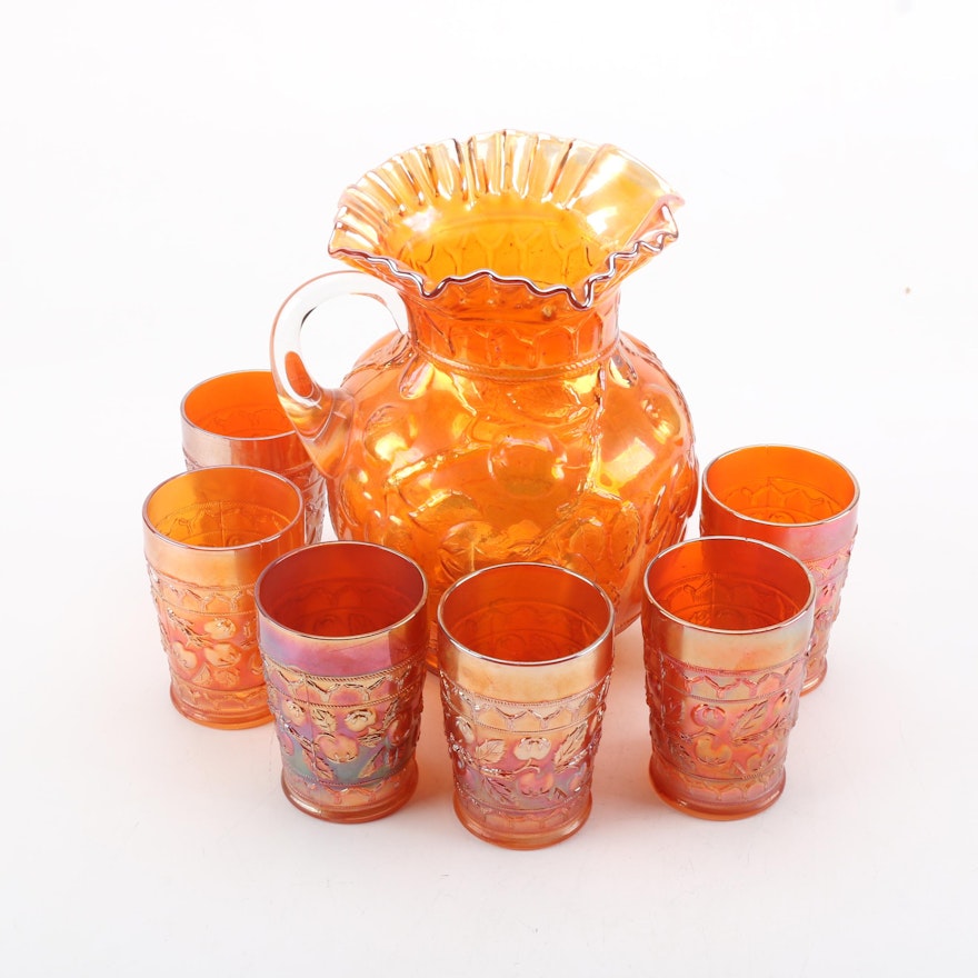 Vintage Orange Carnival Glass Pitcher and Cups