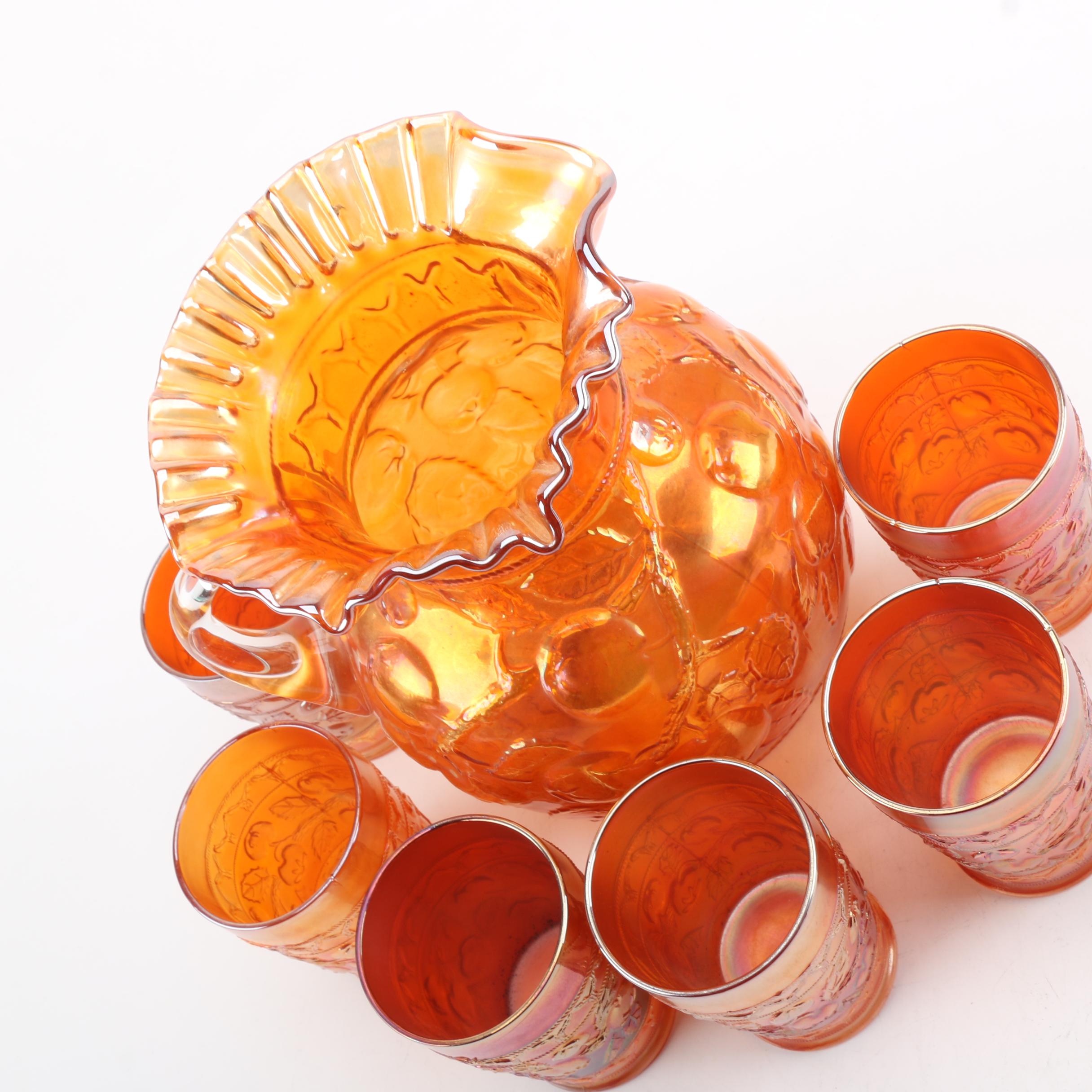 Vintage Orange Carnival Glass Pitcher and Cups