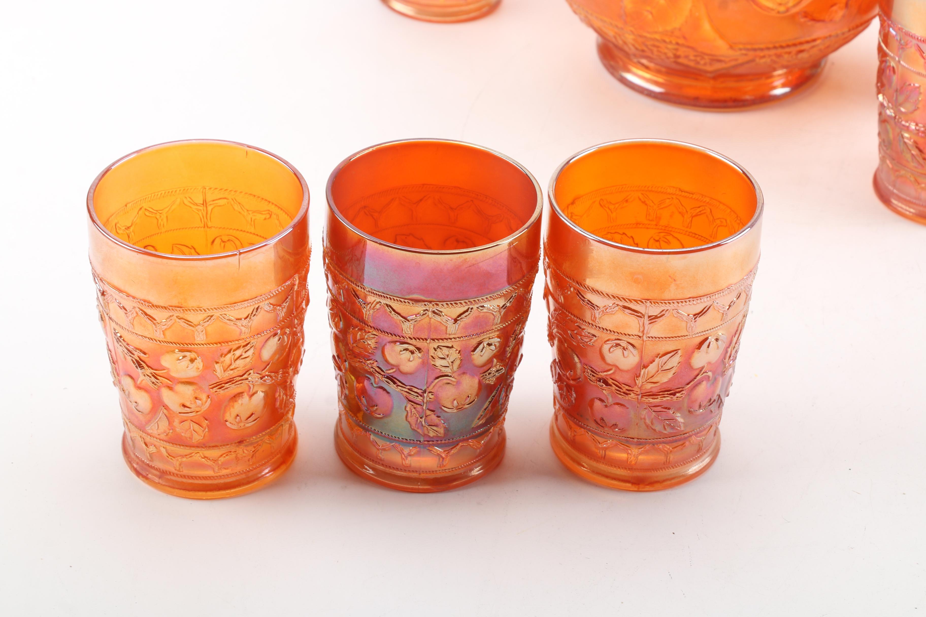 Vintage Orange Carnival Glass Pitcher and Cups