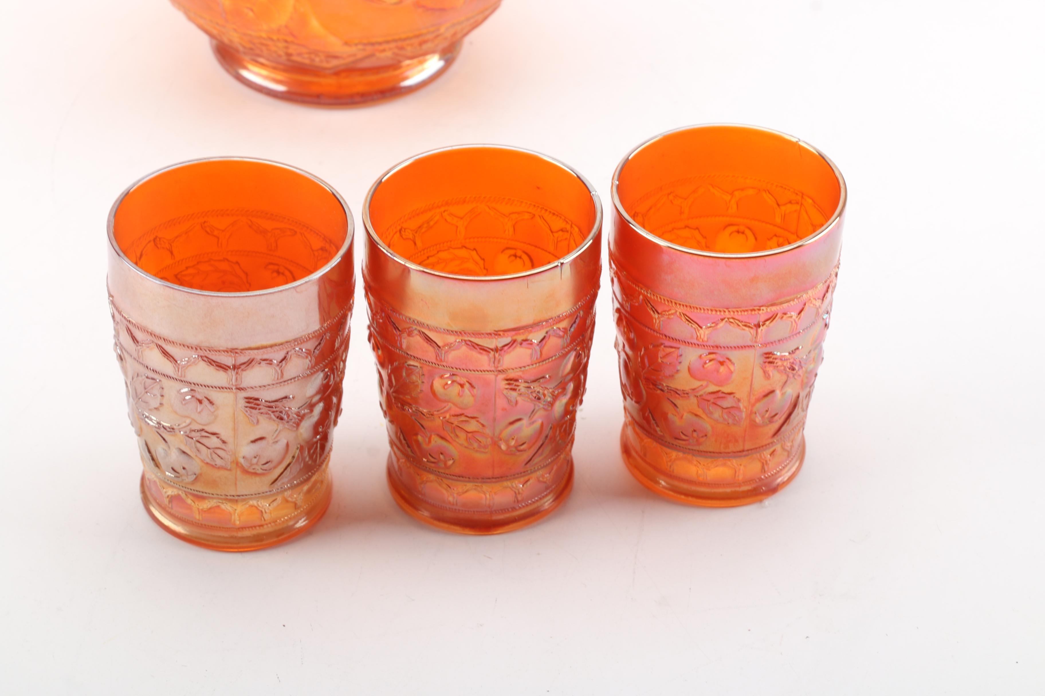 Vintage Orange Carnival Glass Pitcher and Cups