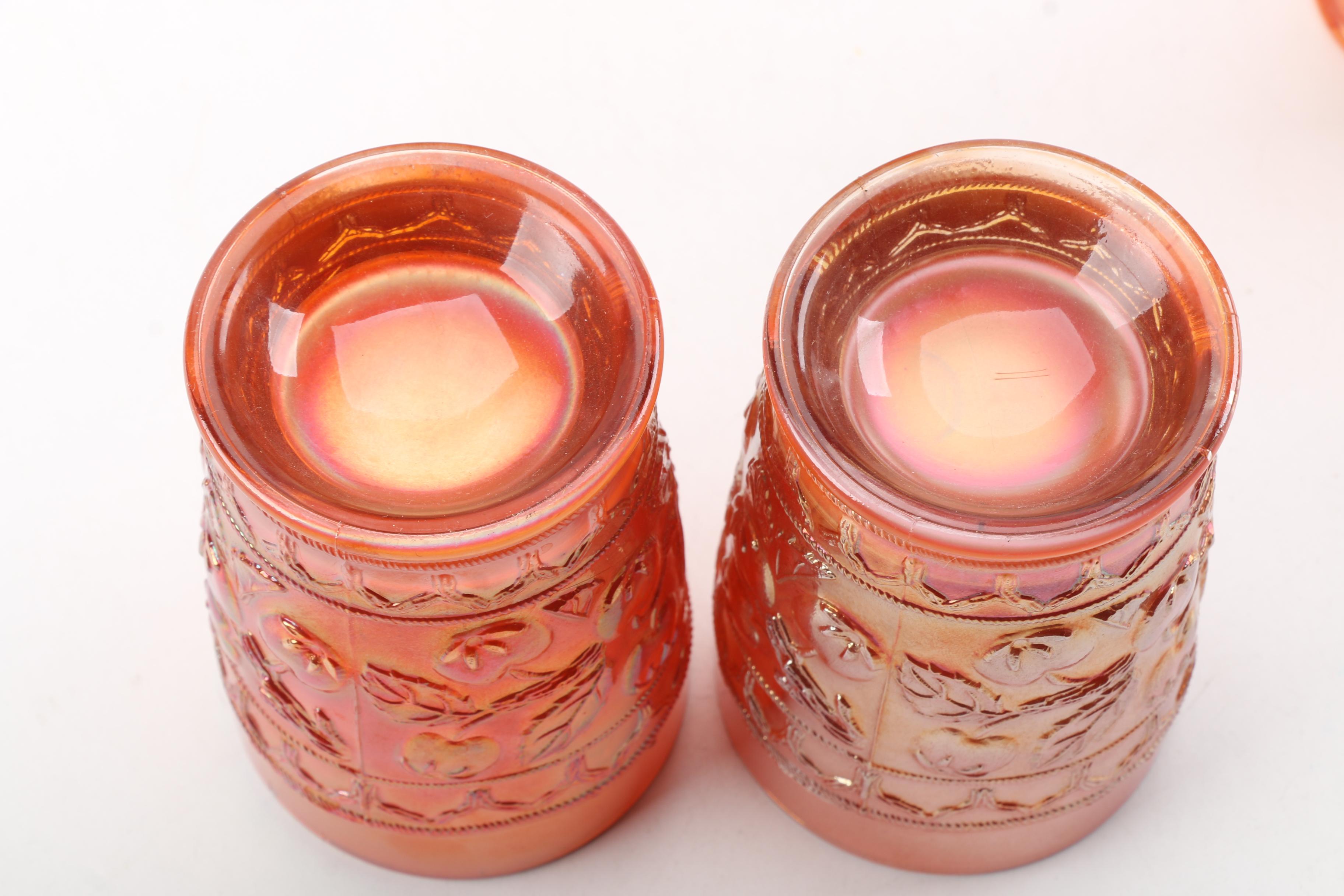 Vintage Orange Carnival Glass Pitcher and Cups