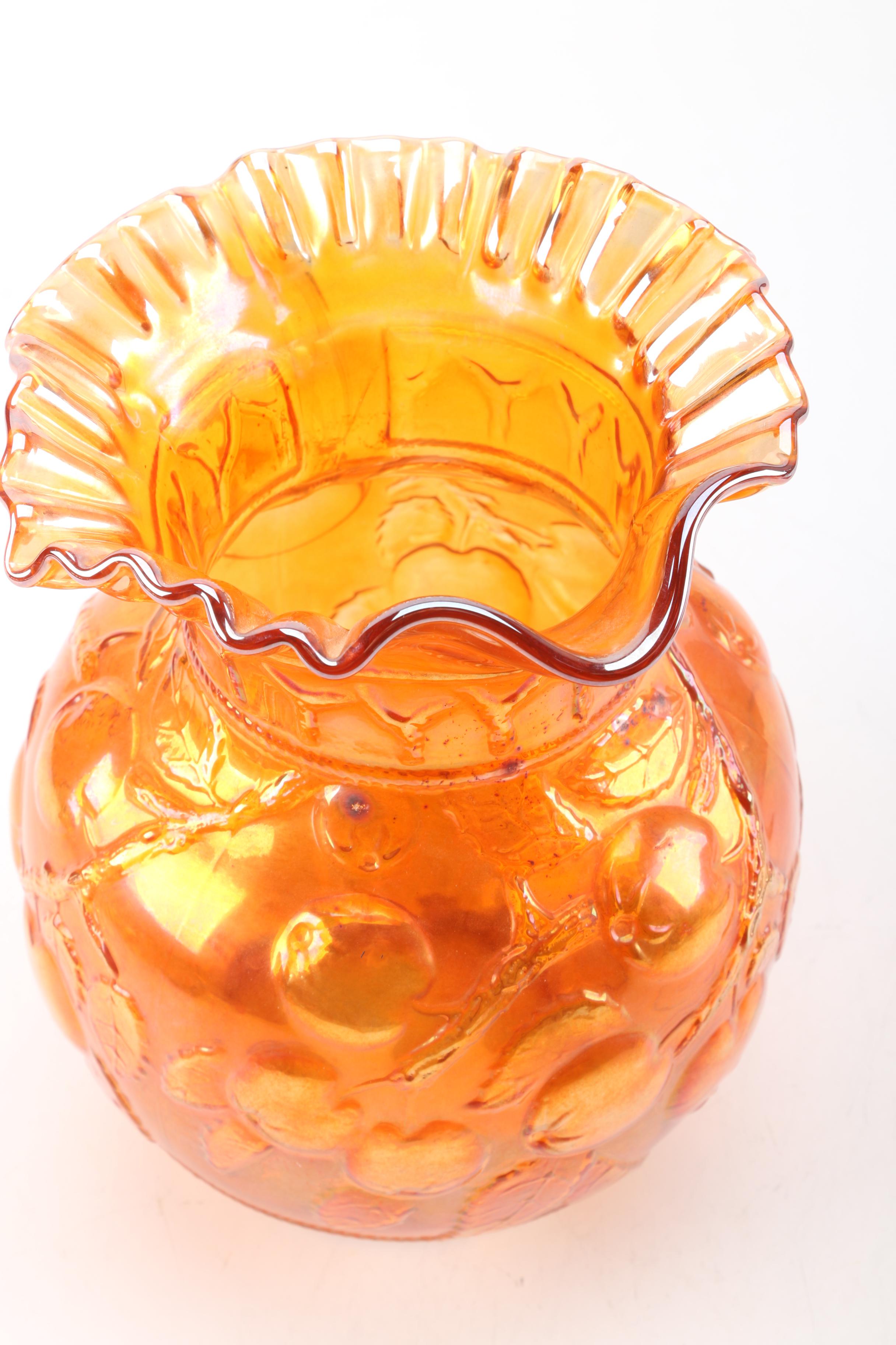 Vintage Orange Carnival Glass Pitcher and Cups
