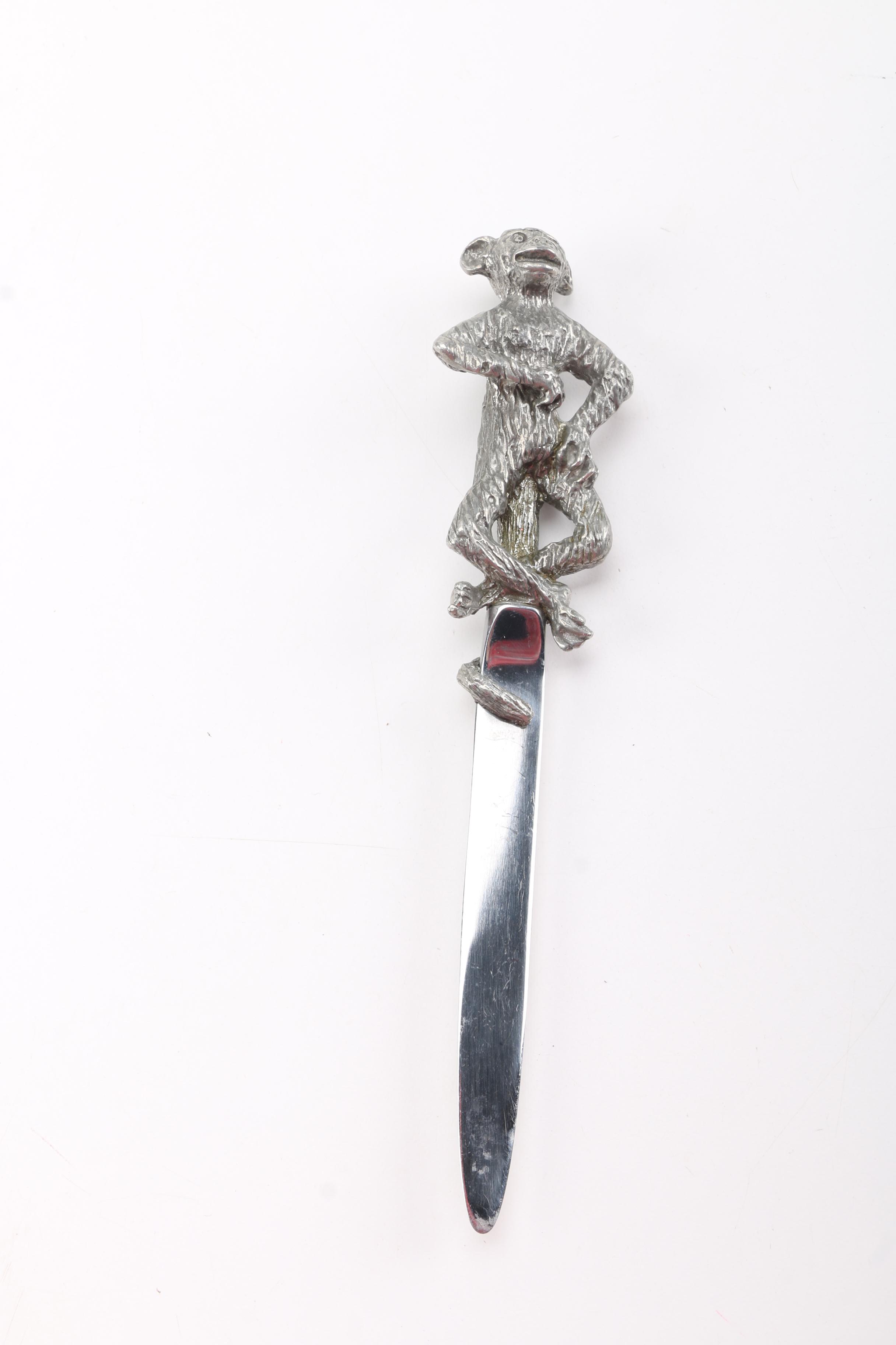 Silver Tone Monkey Tape Dispenser and Letter Opener