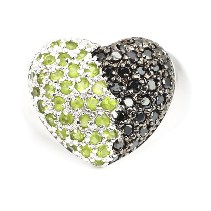 Sterling Silver Black Spinel and Peridot Heart Ring