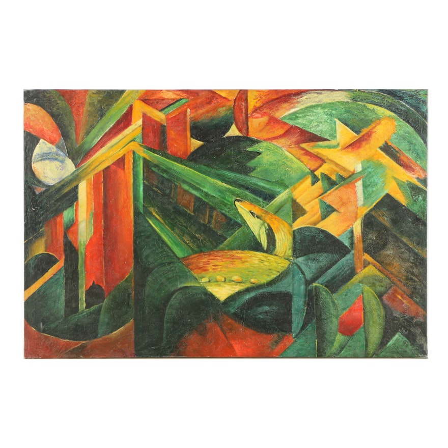 Oil Copy Painting on Canvas After Franz Marc's "Deer in a Monastery Garden"