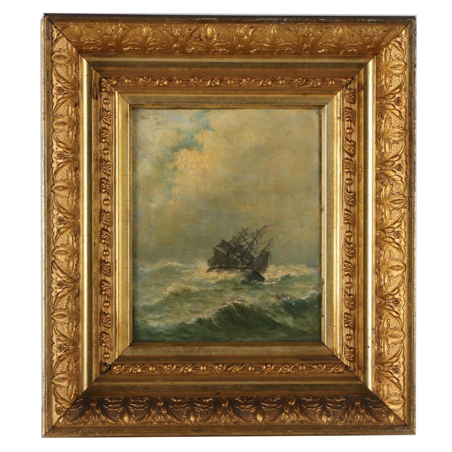 Antique Oil Painting on Board of Ship Navigating Stormy Waters