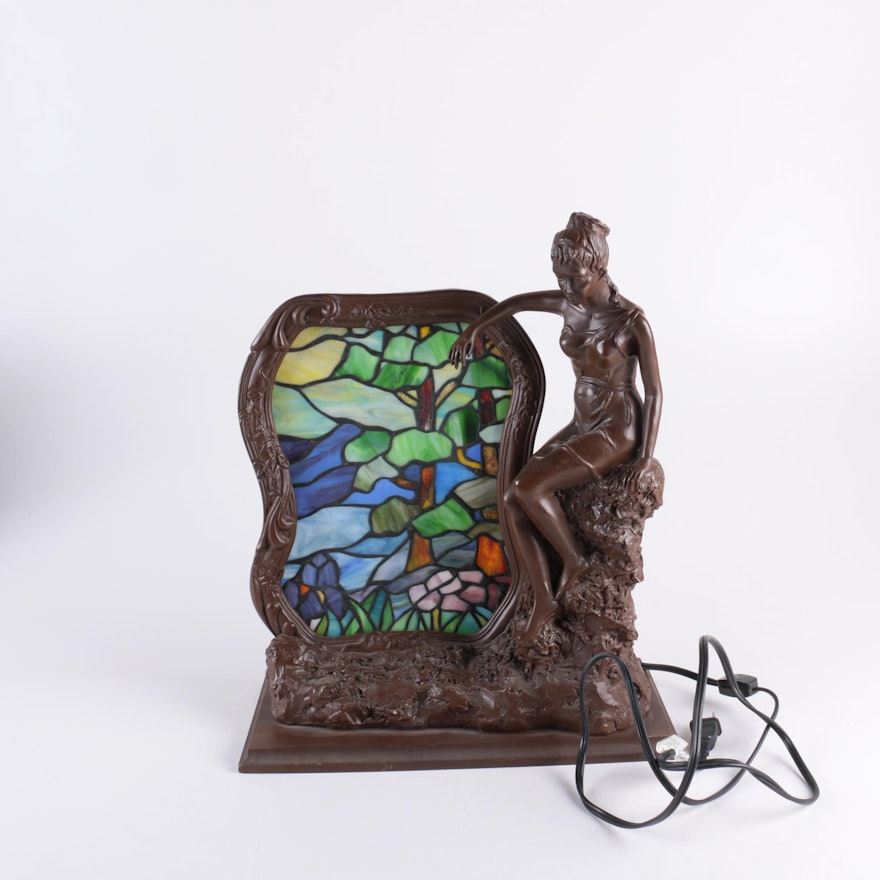 Art Nouveau Style Figural Lamp with Stained Glass Panel