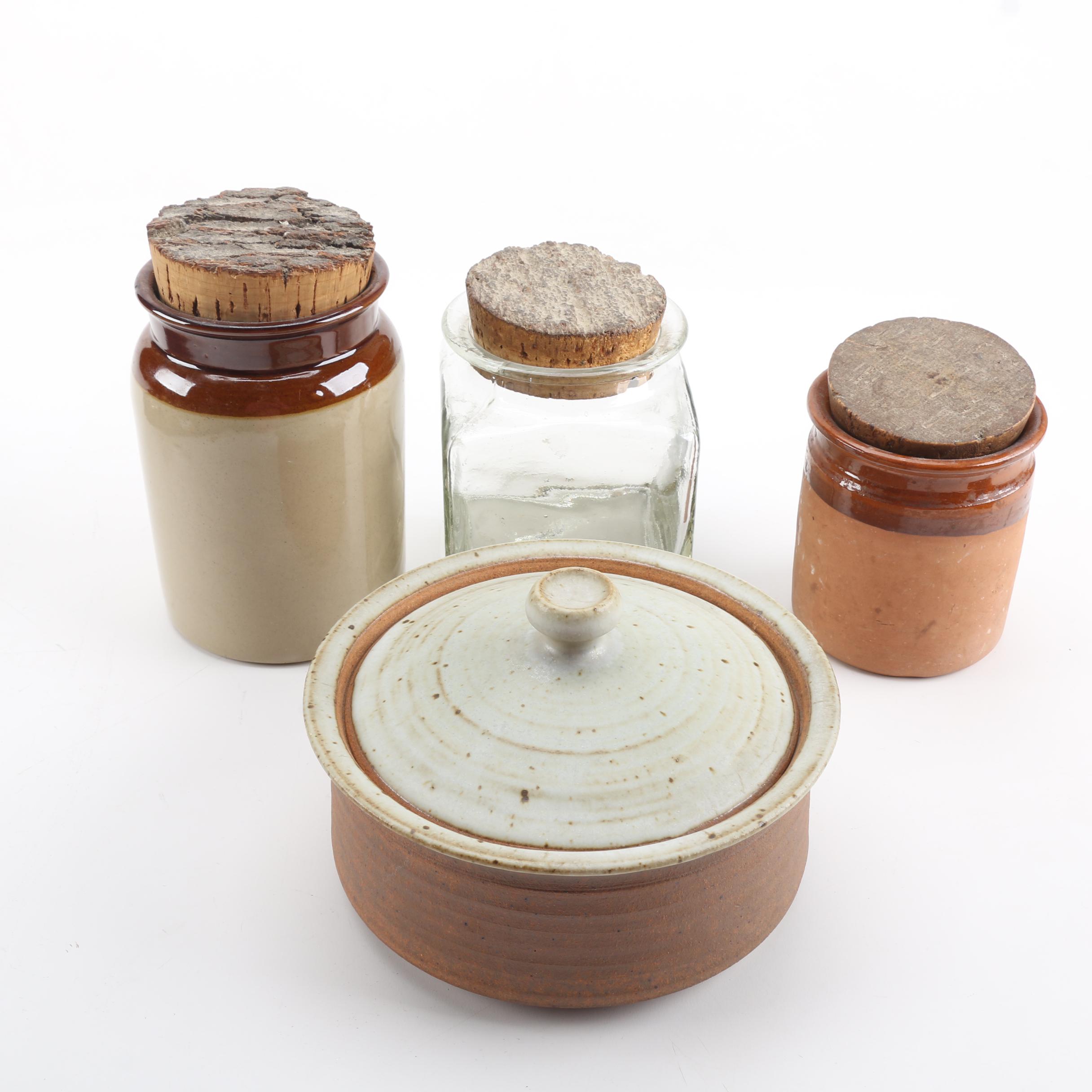 Stoneware Bean Pot, Crocks and Glass Jar