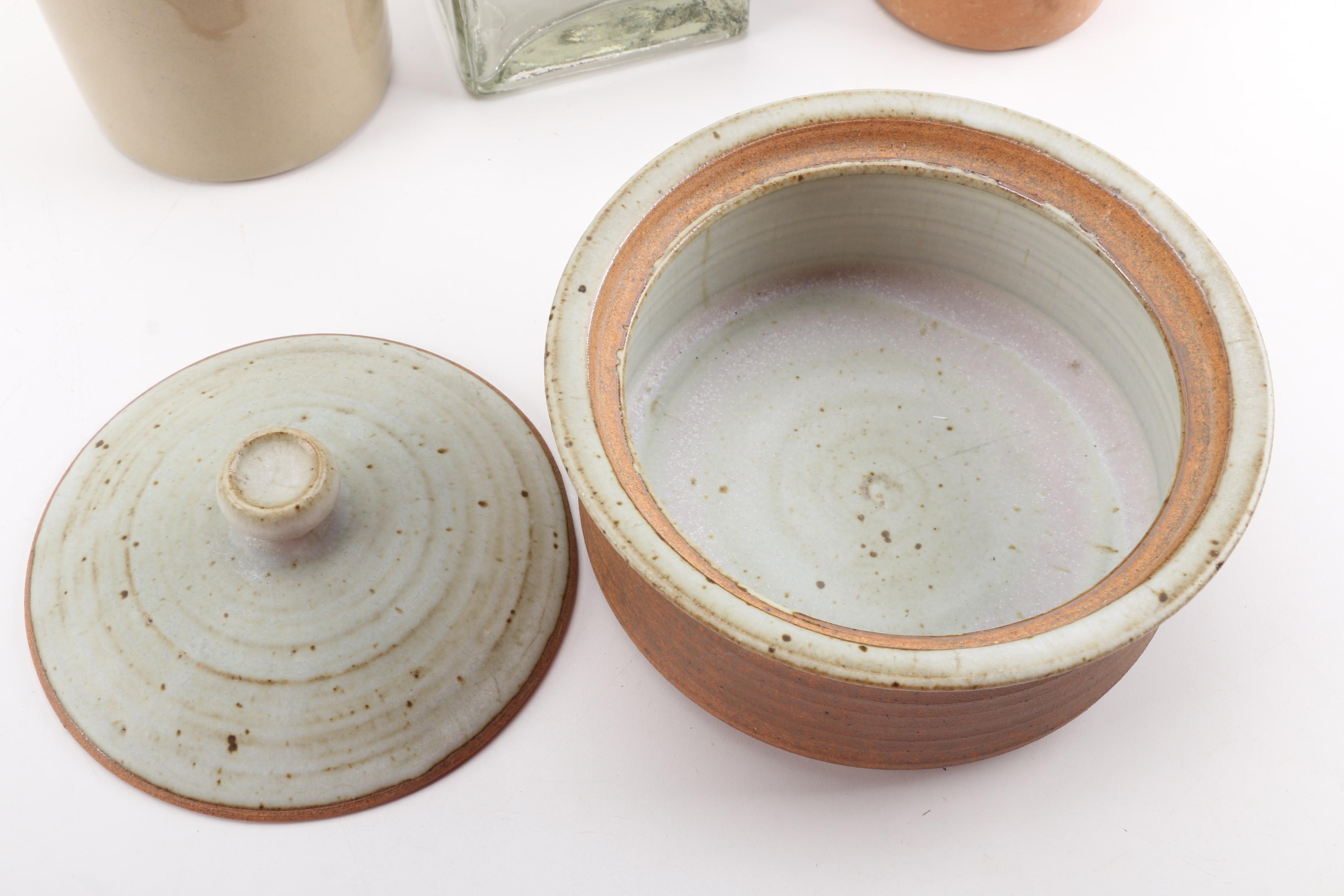 Stoneware Bean Pot, Crocks and Glass Jar