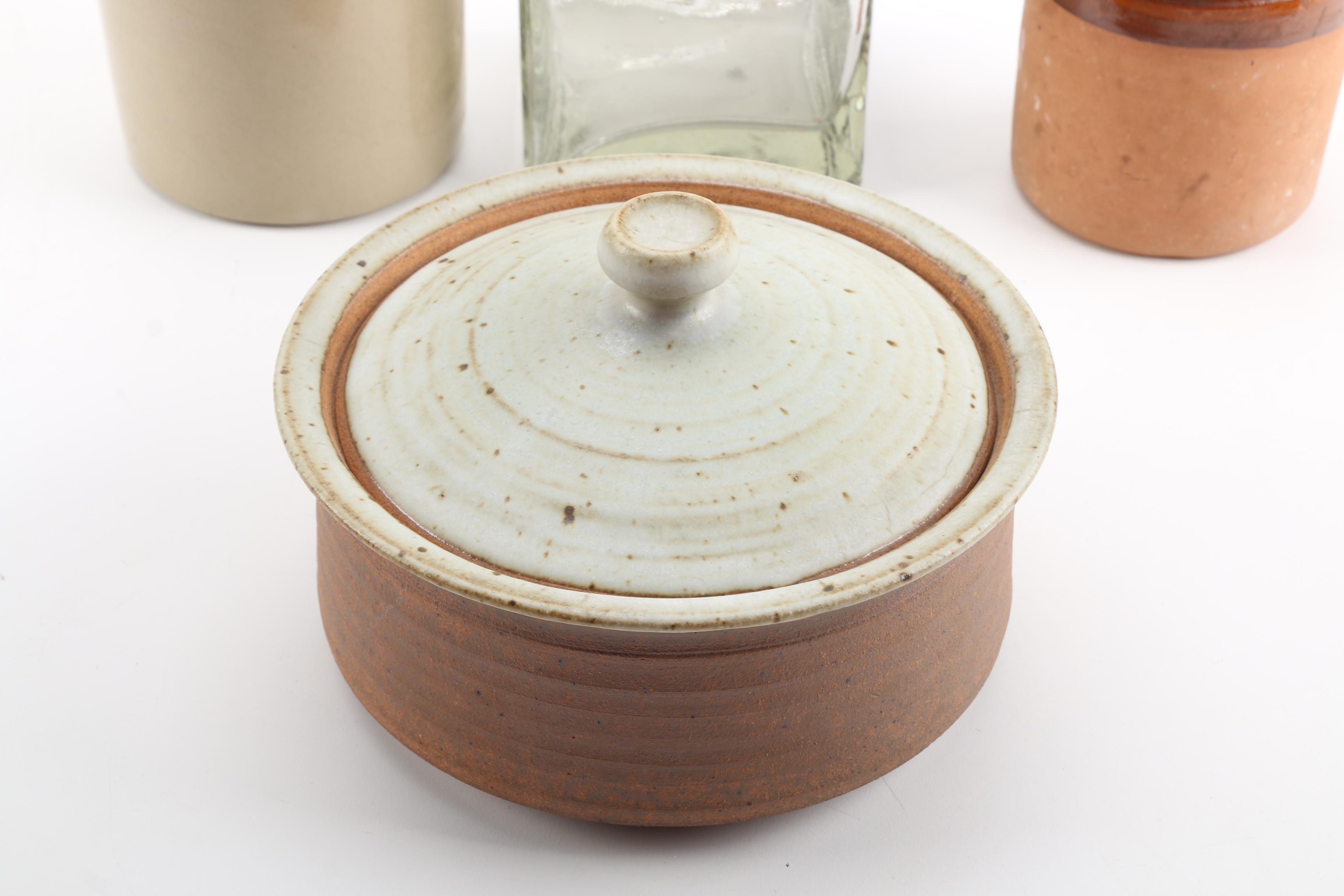 Stoneware Bean Pot, Crocks and Glass Jar