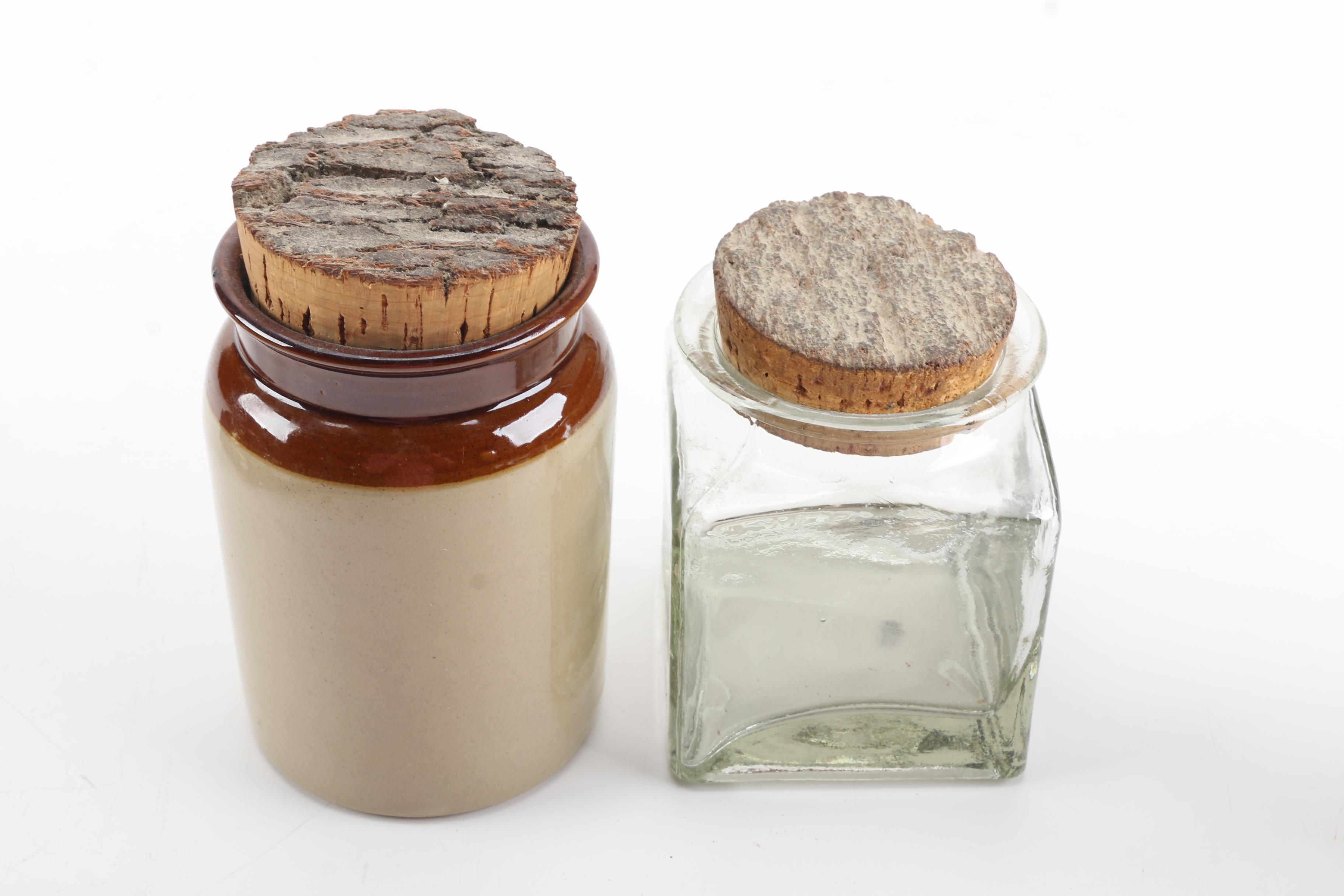 Stoneware Bean Pot, Crocks and Glass Jar