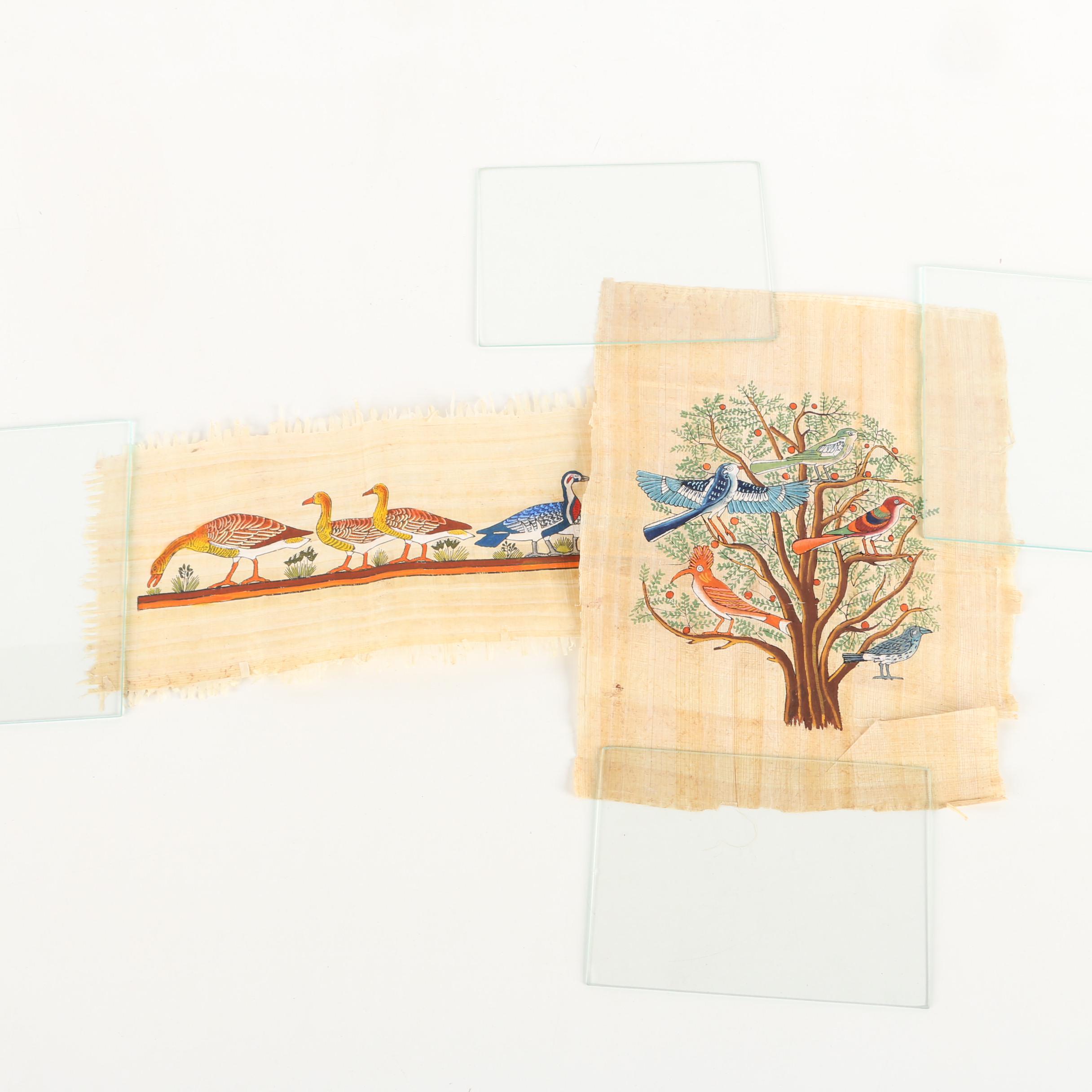 Egyptian-Style Gouache Paintings of Birds on Papyrus