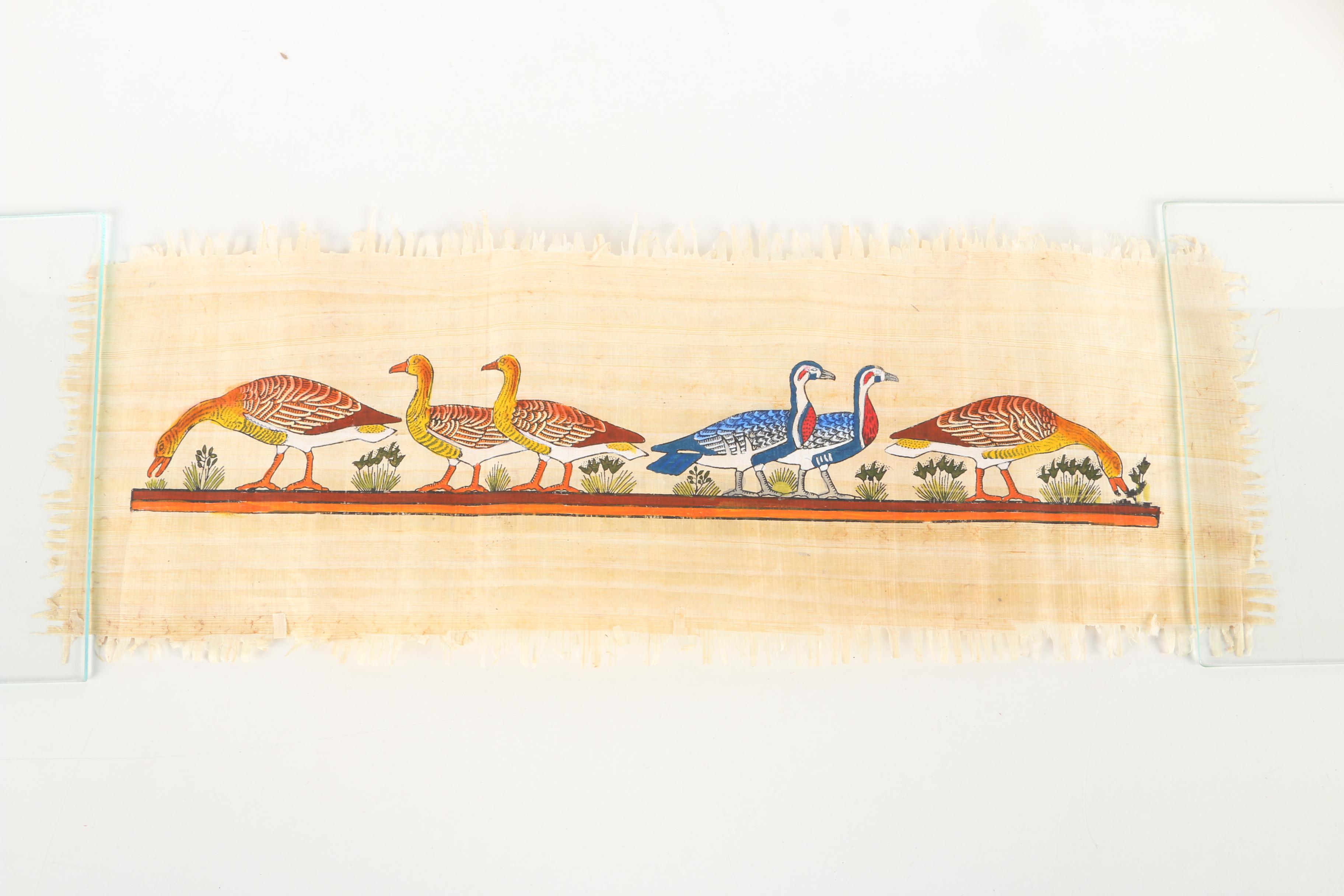 Egyptian-Style Gouache Paintings of Birds on Papyrus