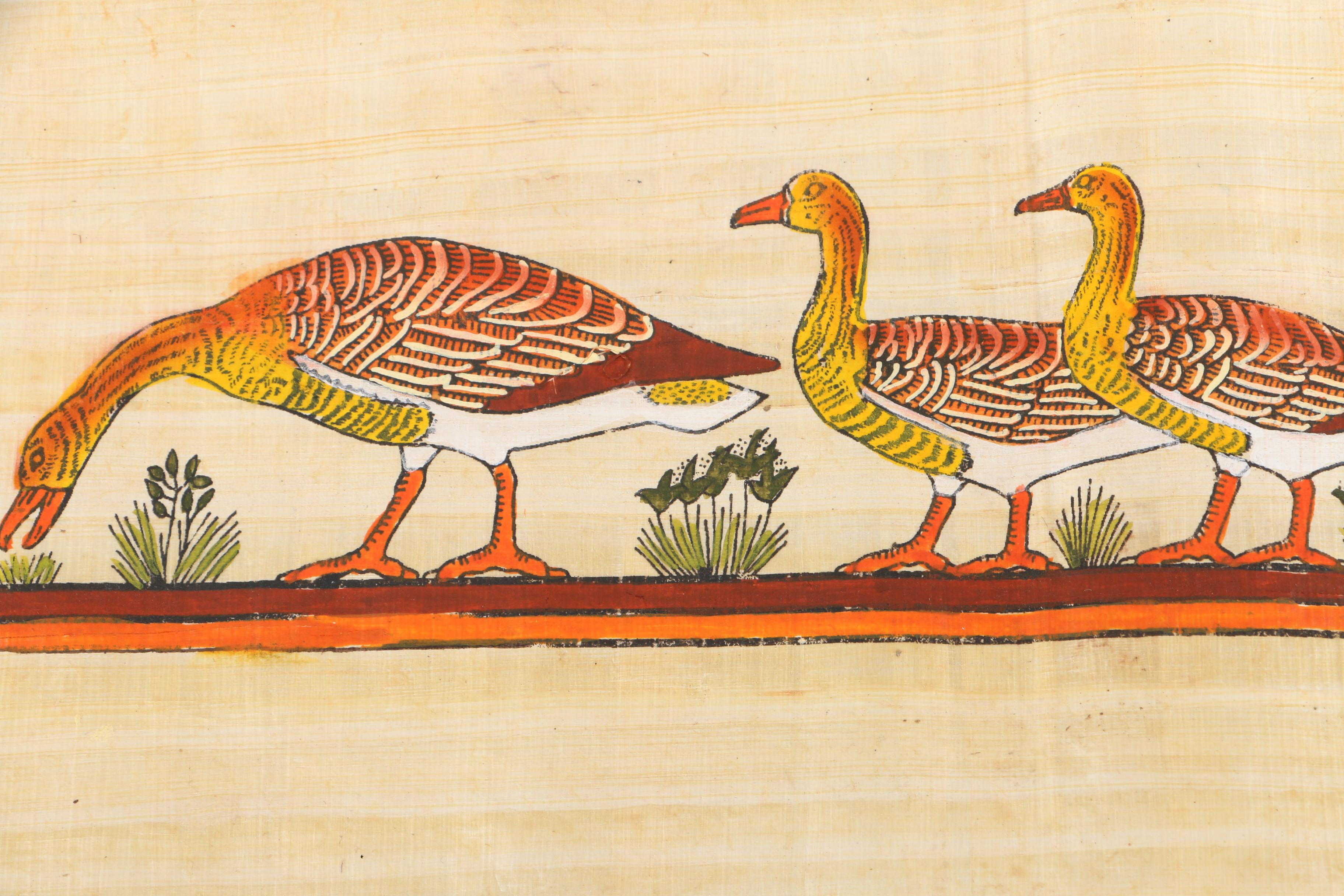 Egyptian-Style Gouache Paintings of Birds on Papyrus