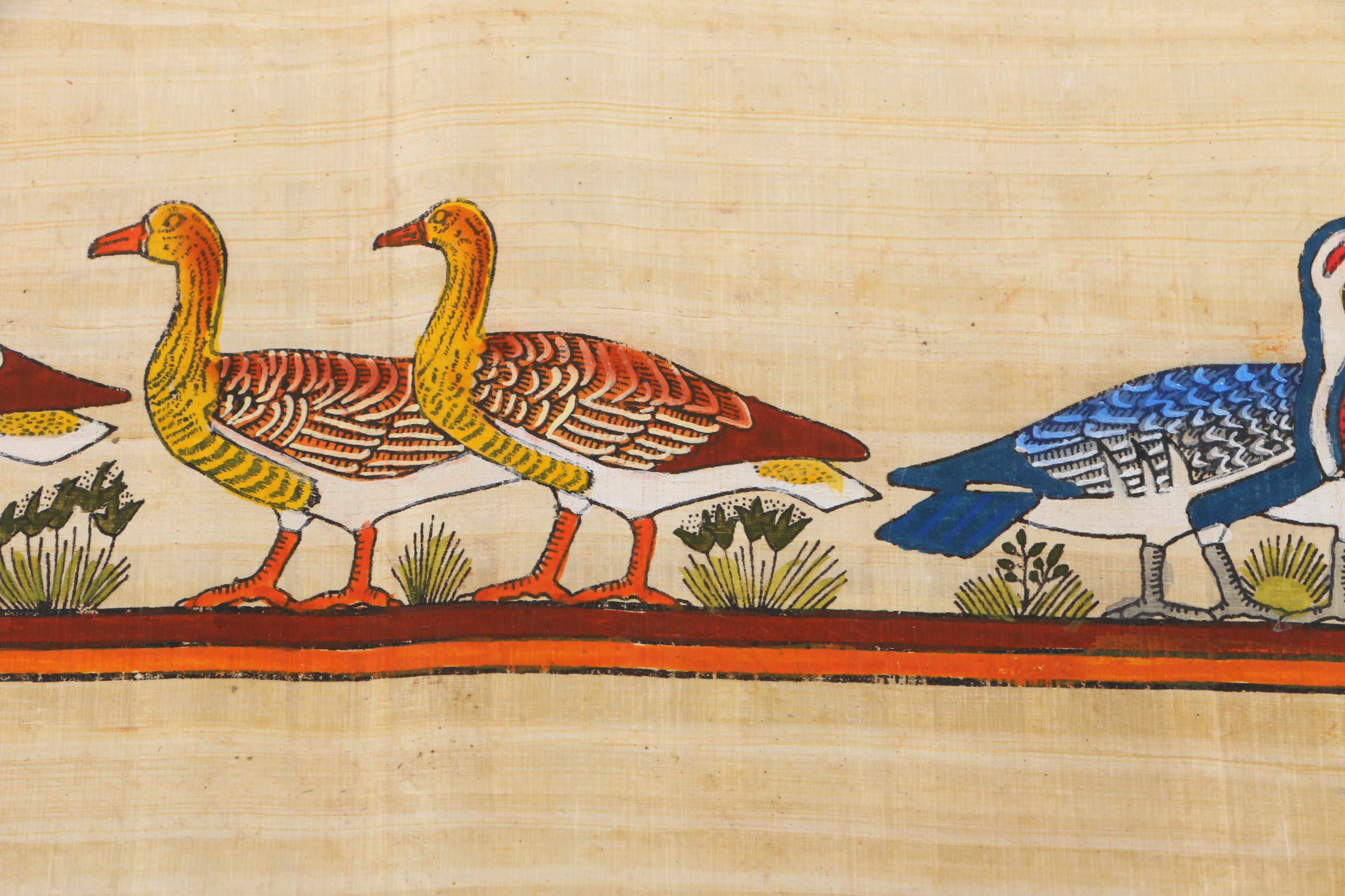 Egyptian-Style Gouache Paintings of Birds on Papyrus