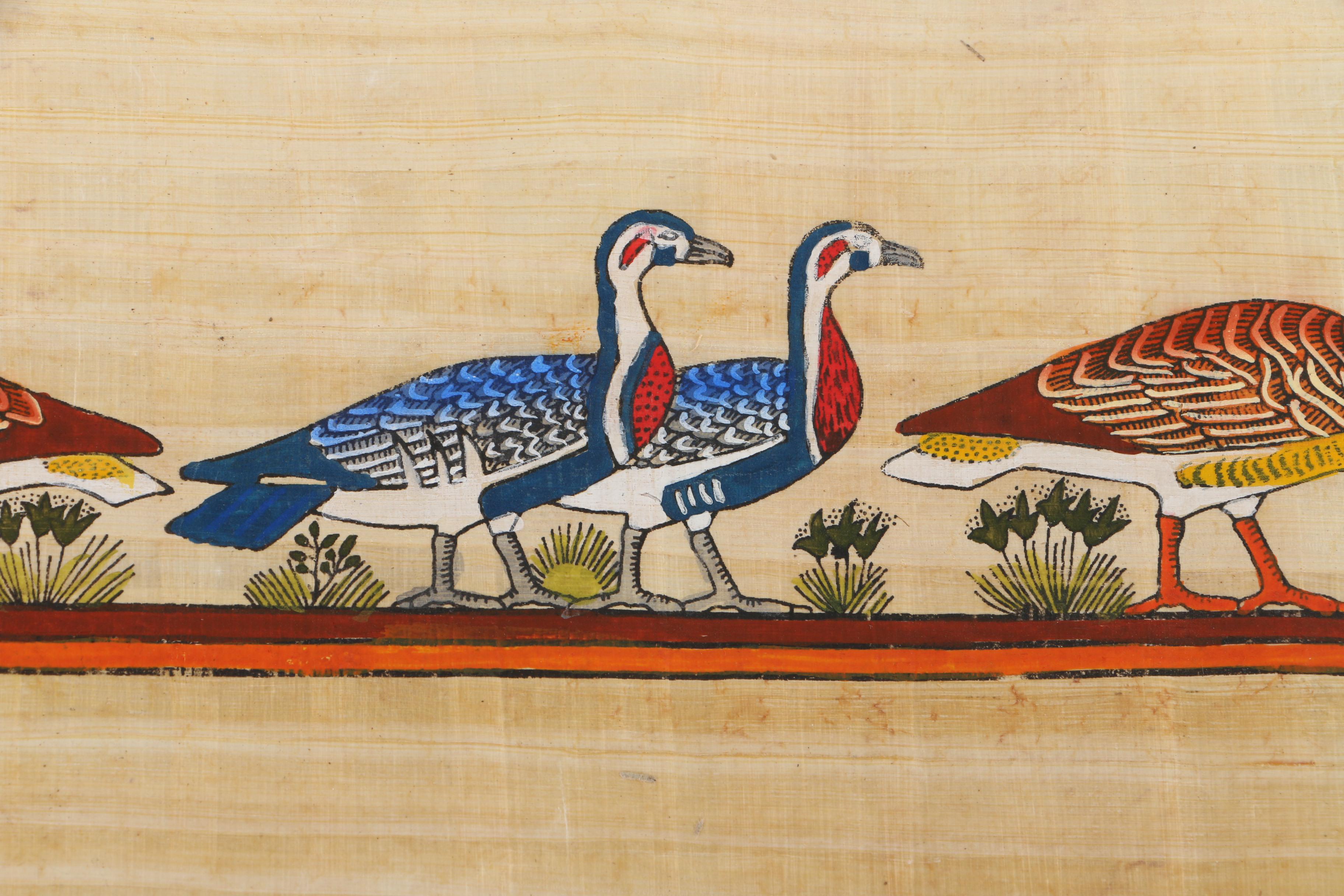 Egyptian-Style Gouache Paintings of Birds on Papyrus