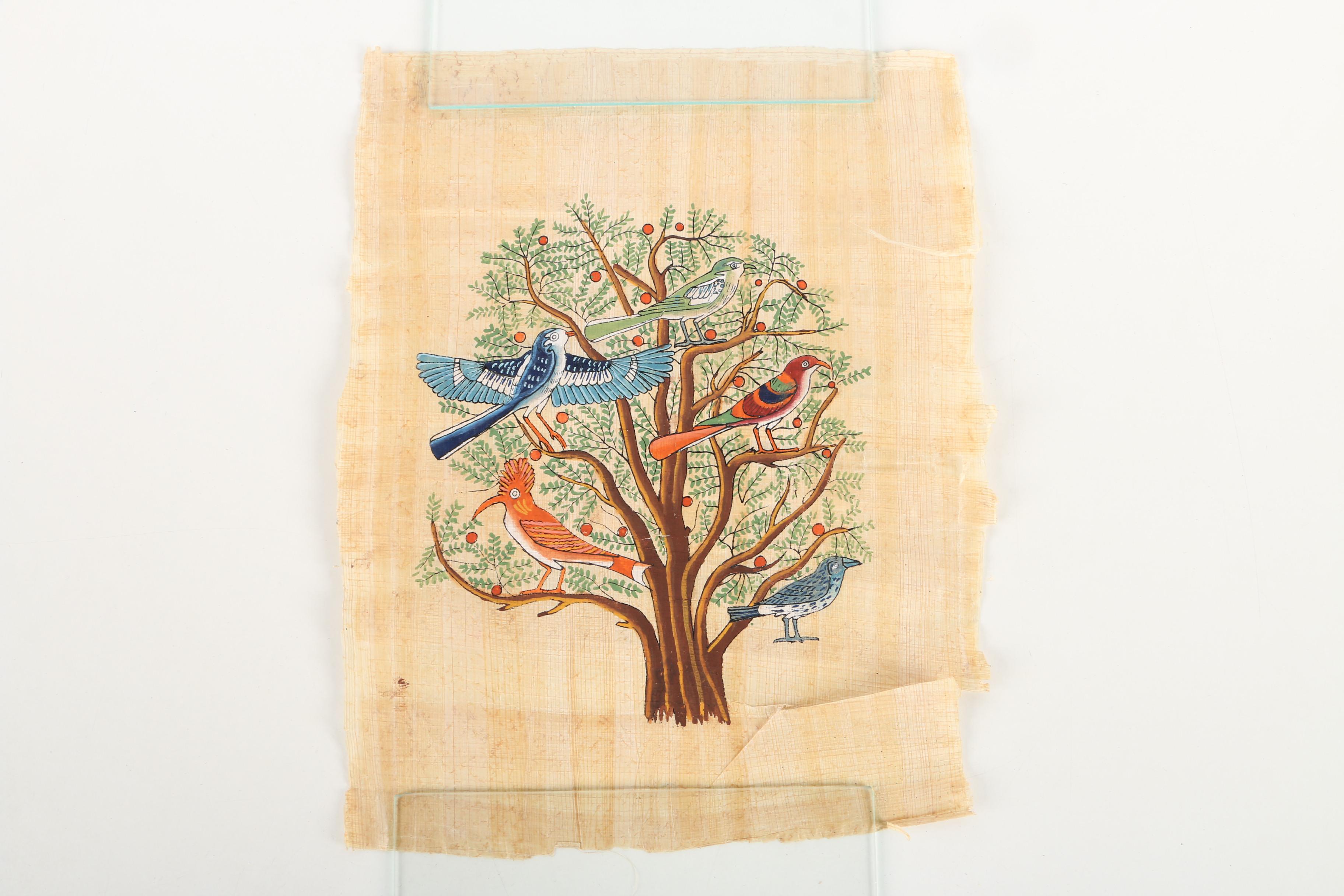 Egyptian-Style Gouache Paintings of Birds on Papyrus