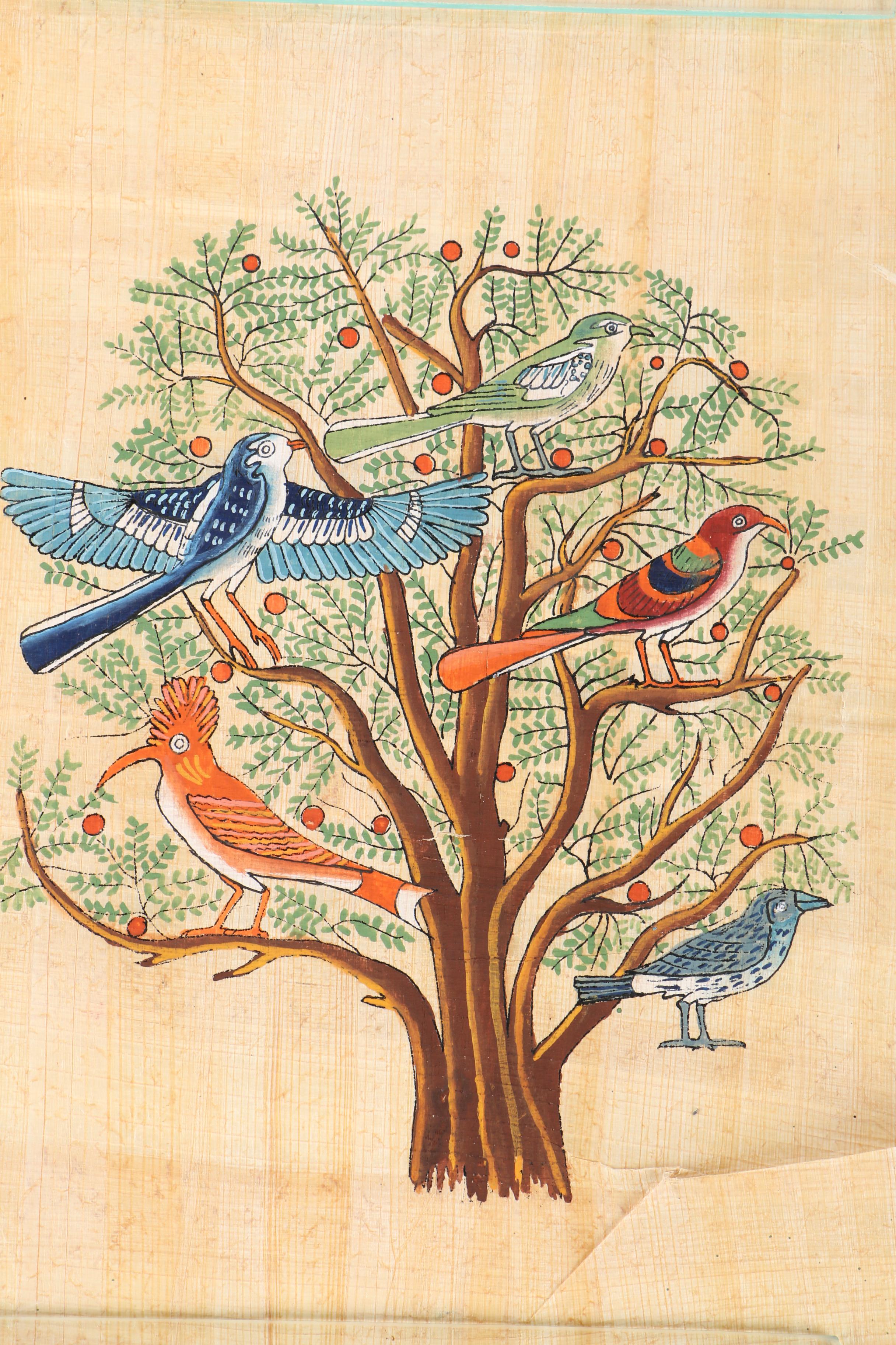 Egyptian-Style Gouache Paintings of Birds on Papyrus