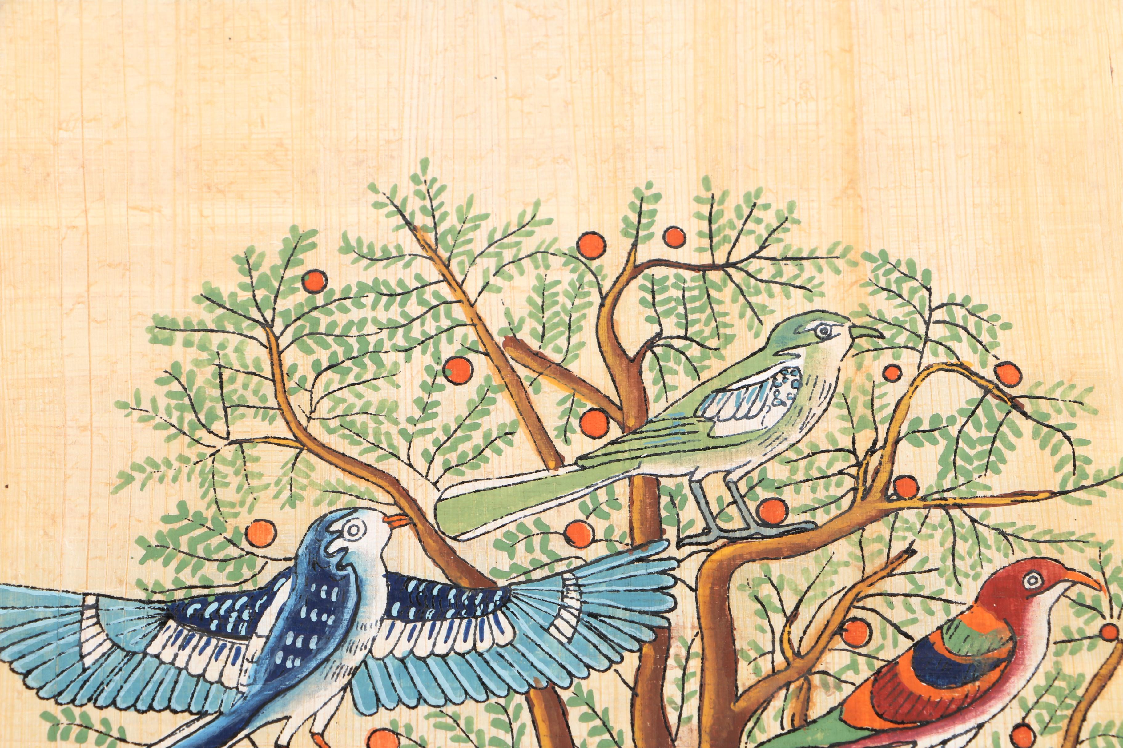Egyptian-Style Gouache Paintings of Birds on Papyrus