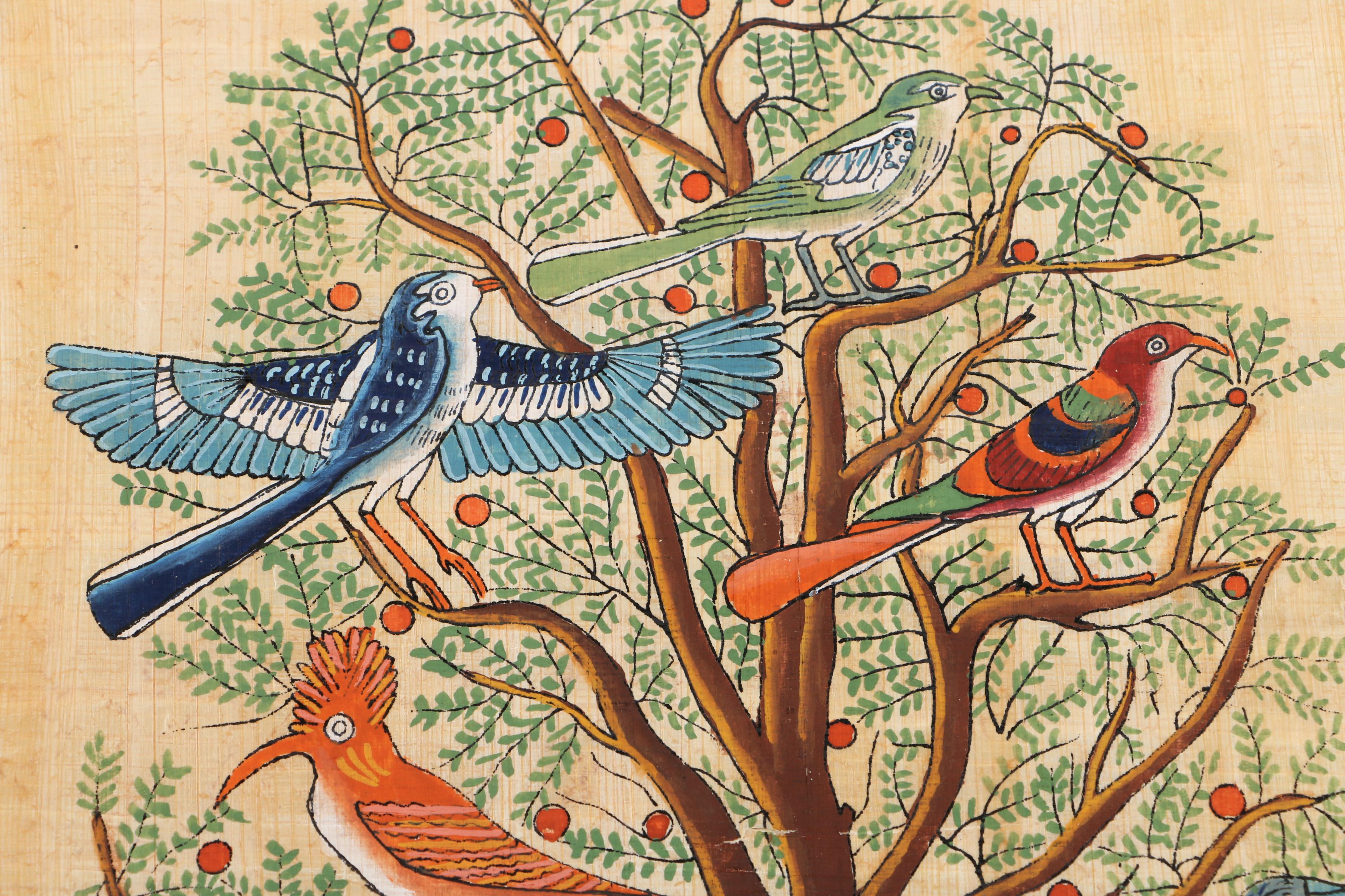 Egyptian-Style Gouache Paintings of Birds on Papyrus