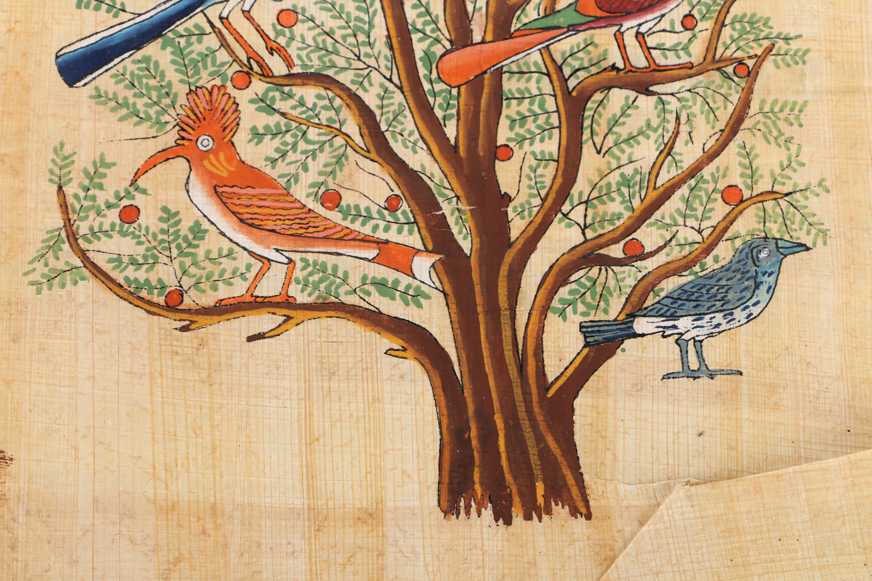 Egyptian-Style Gouache Paintings of Birds on Papyrus