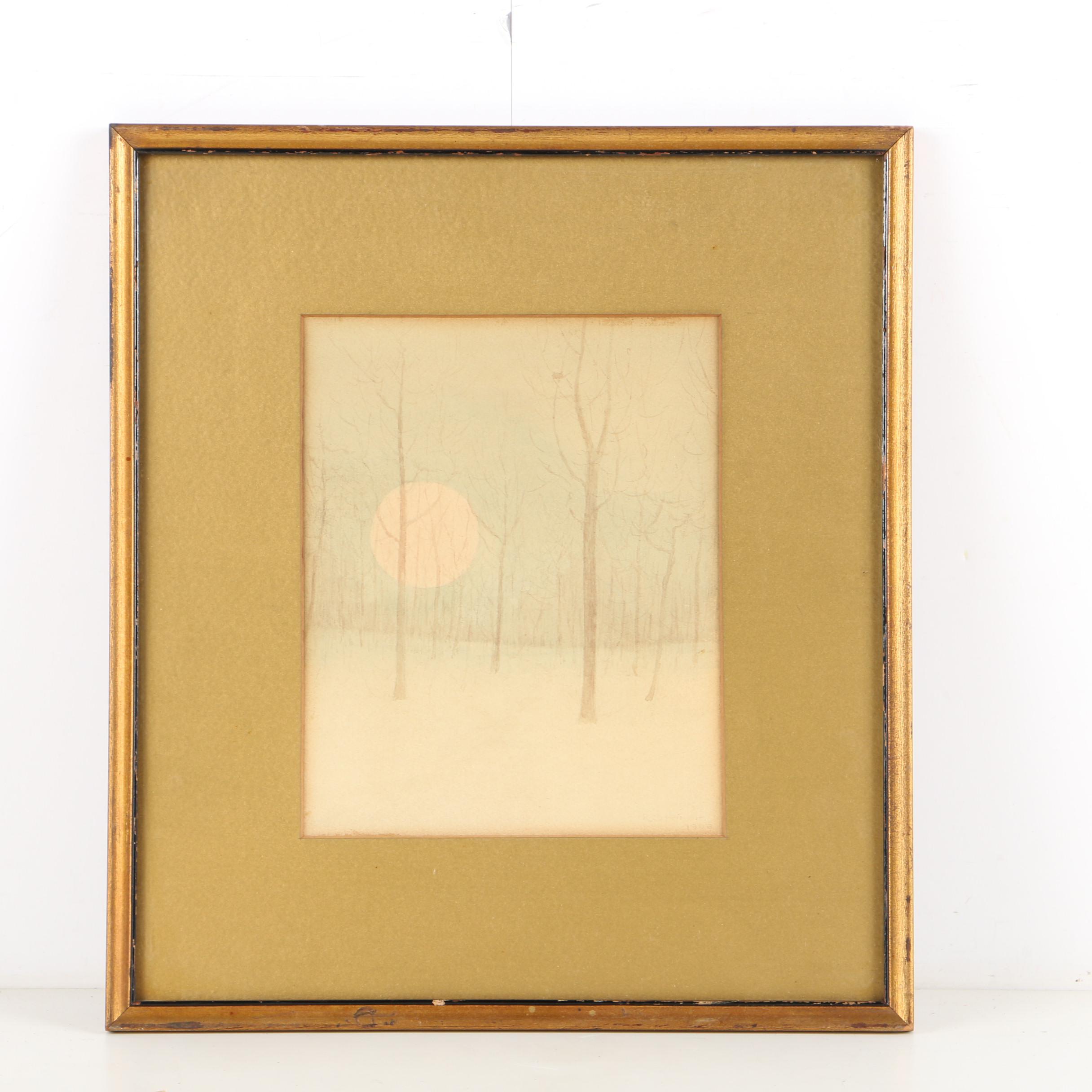 R. Steiner 1903 Watercolor Painting on Paper of Snow-Covered Forest at Night