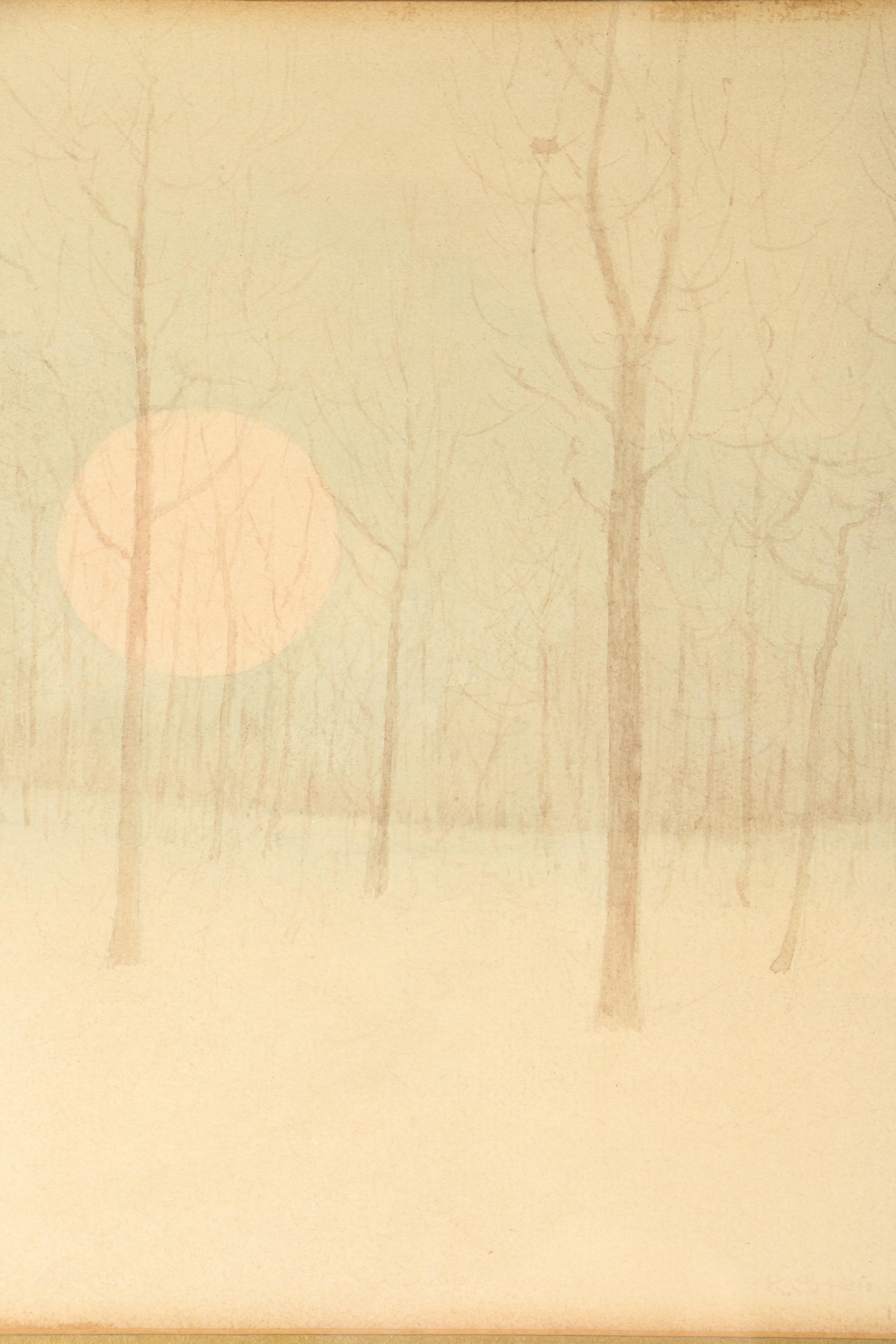 R. Steiner 1903 Watercolor Painting on Paper of Snow-Covered Forest at Night