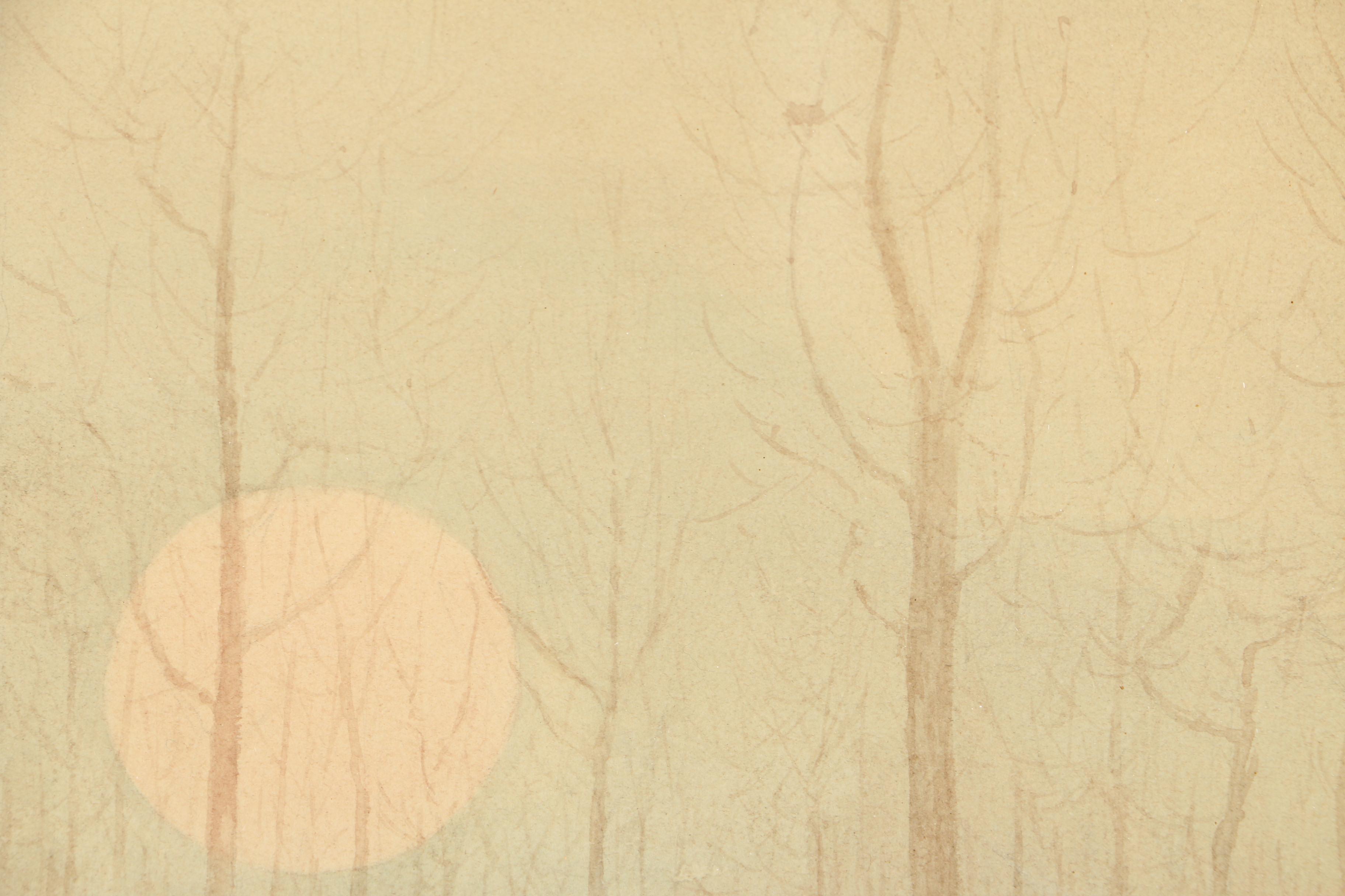 R. Steiner 1903 Watercolor Painting on Paper of Snow-Covered Forest at Night