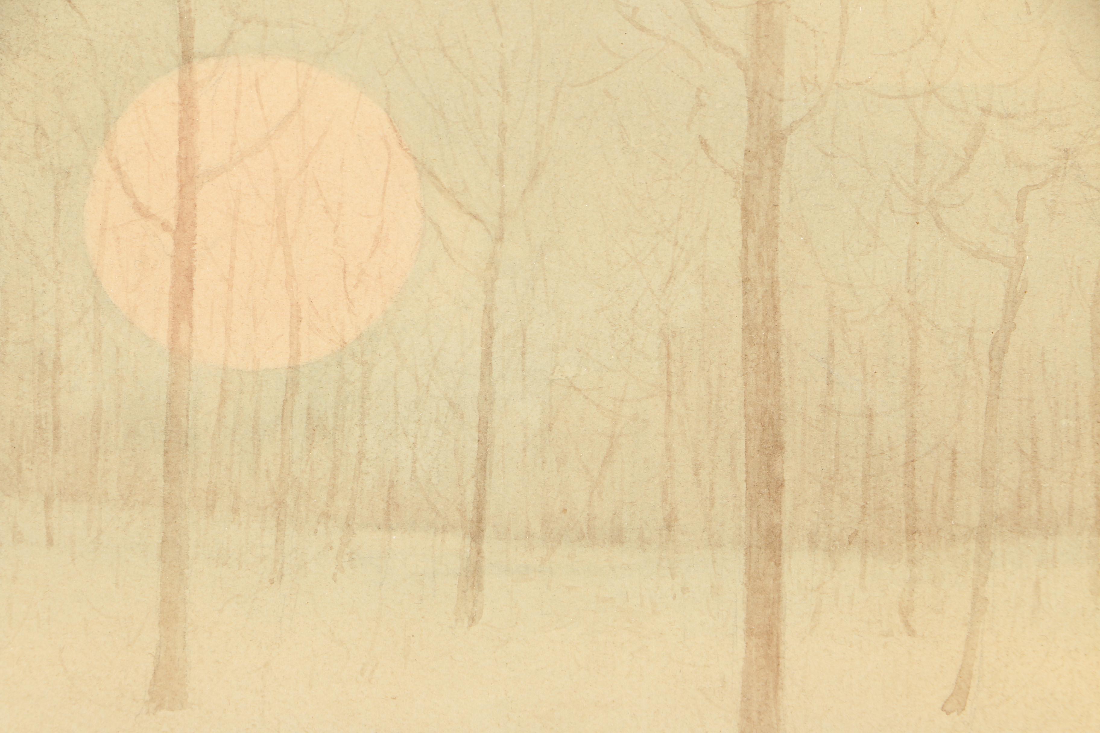 R. Steiner 1903 Watercolor Painting on Paper of Snow-Covered Forest at Night