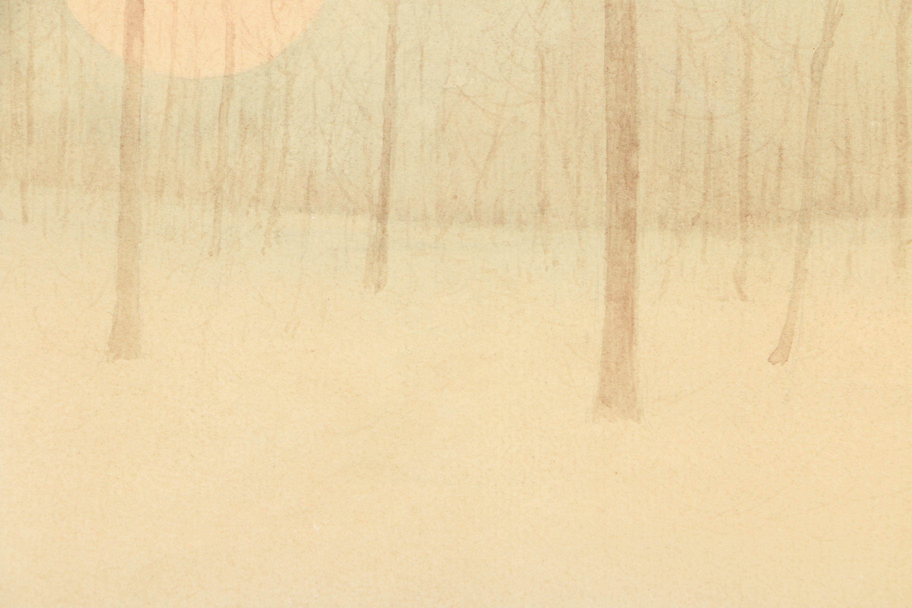 R. Steiner 1903 Watercolor Painting on Paper of Snow-Covered Forest at Night