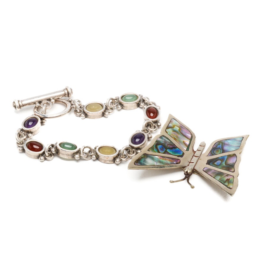 Sterling Silver Multi-Stone Bracelet and Abalone Butterfly Brooch