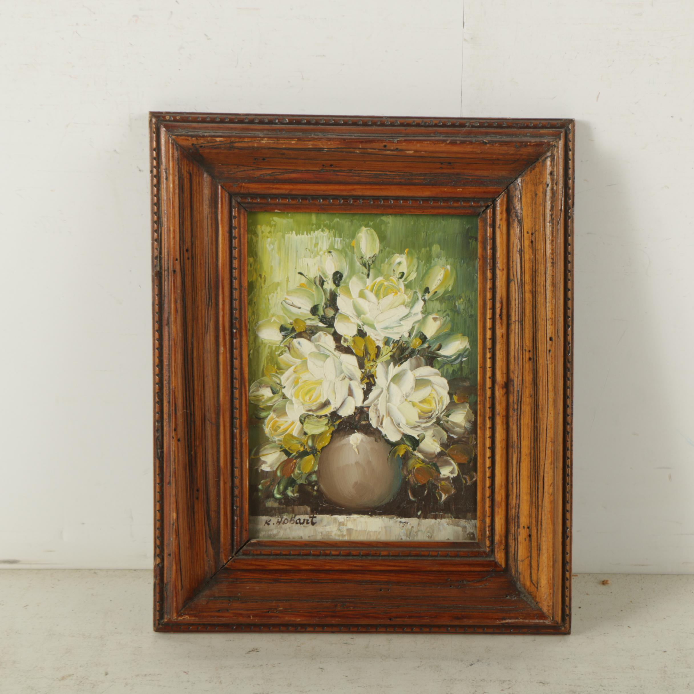 K. Hobart Oil Painting on Canvas Board of Still Life with Yellow Roses