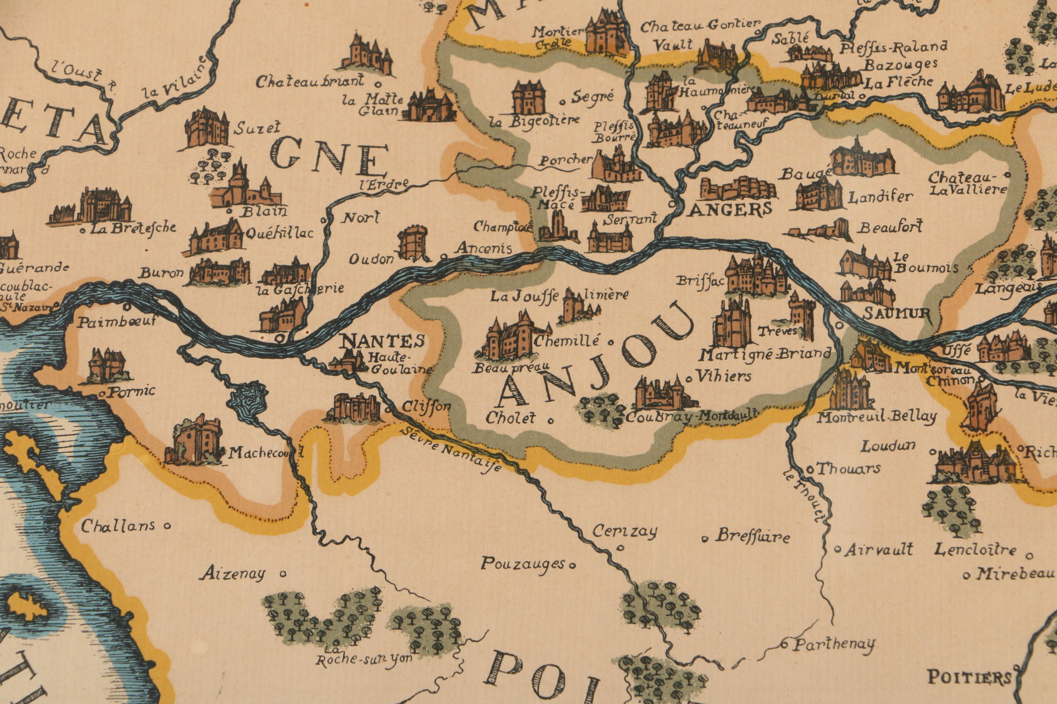 Hand-Colored  Lithograph Map on Laid Paper "Châteaux des Pays du Val de Loire"