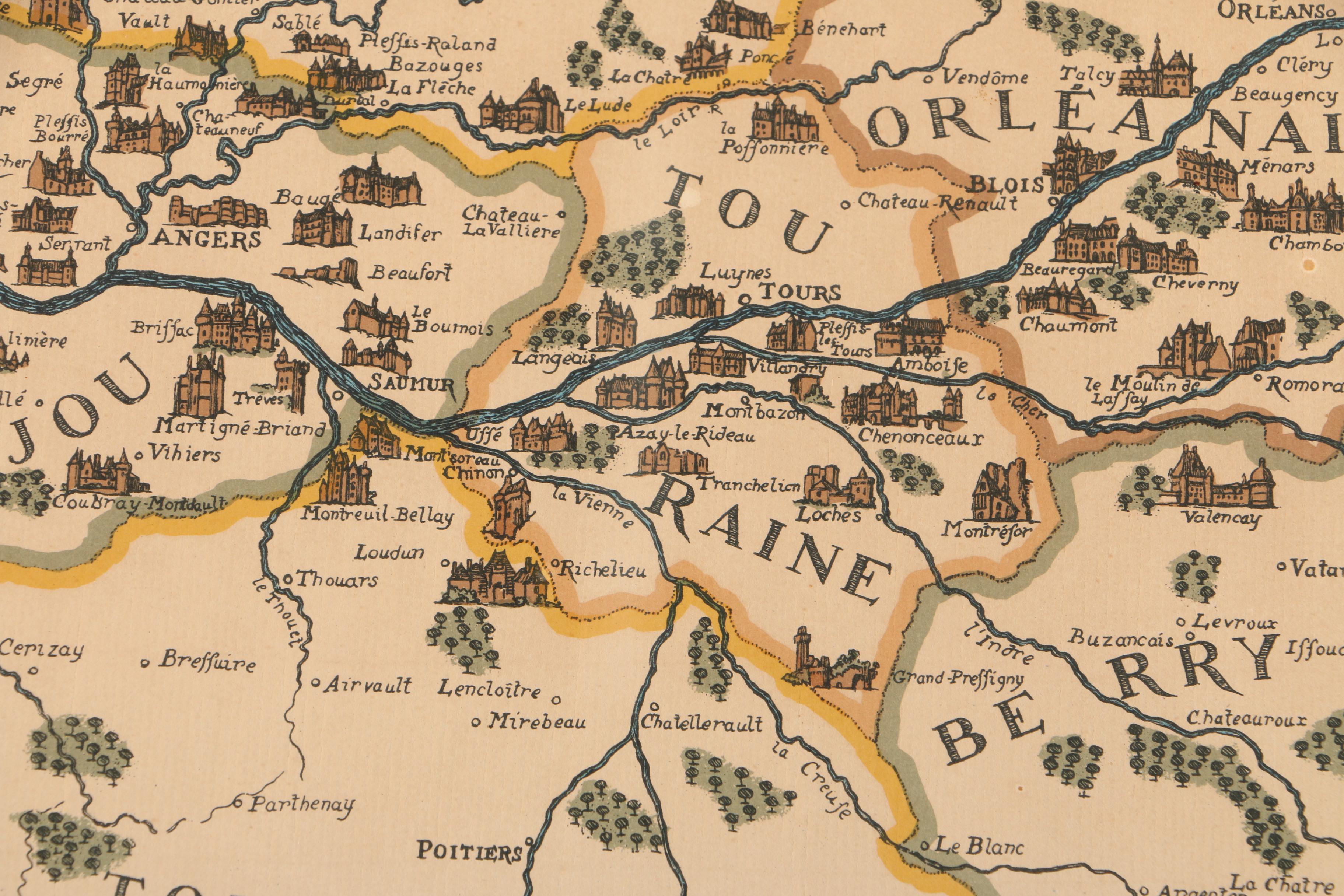 Hand-Colored  Lithograph Map on Laid Paper "Châteaux des Pays du Val de Loire"