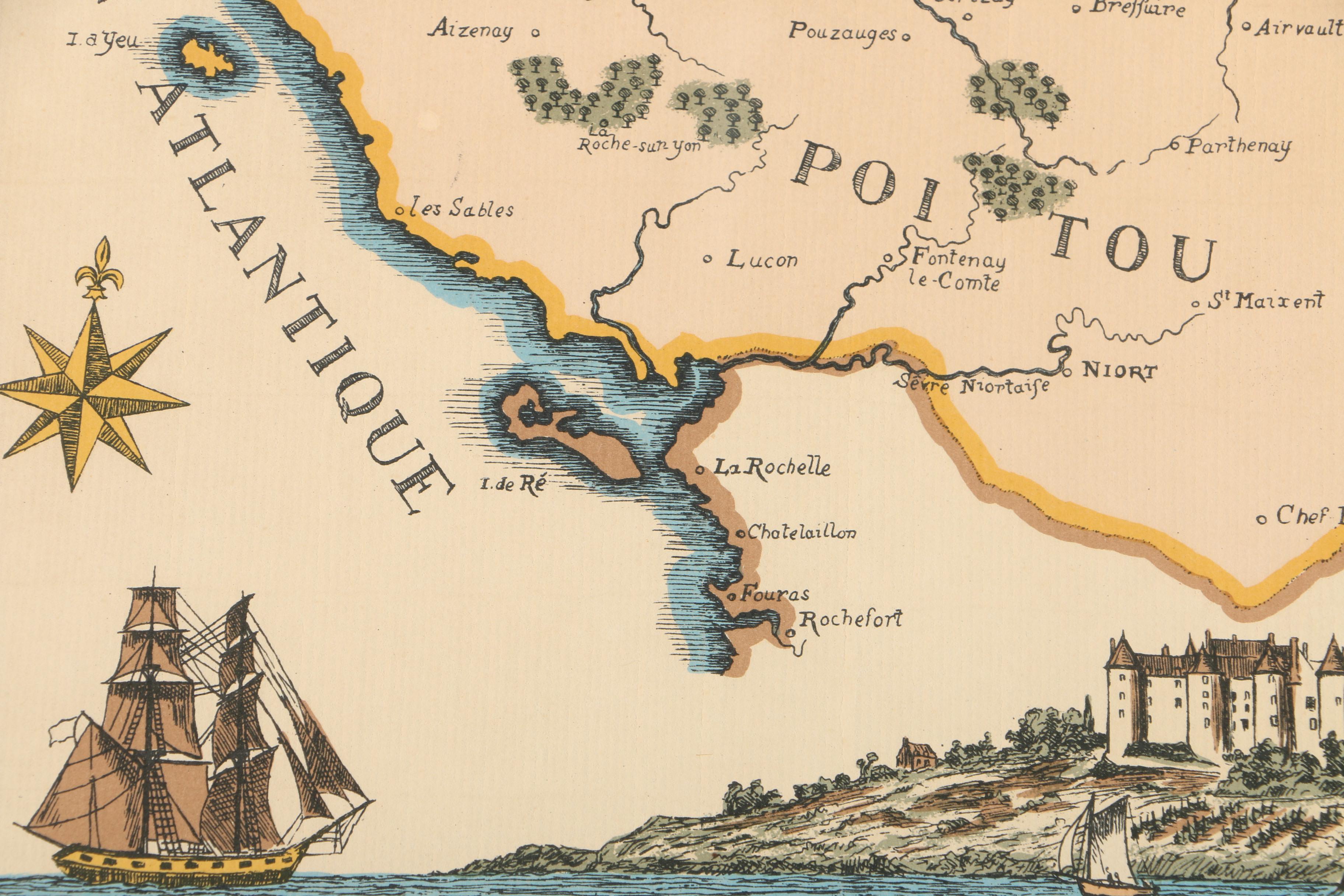 Hand-Colored  Lithograph Map on Laid Paper "Châteaux des Pays du Val de Loire"