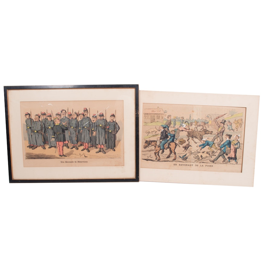 Pair of Edmond Lavrate Offset Lithographs on Paper of Satirical Illustrations