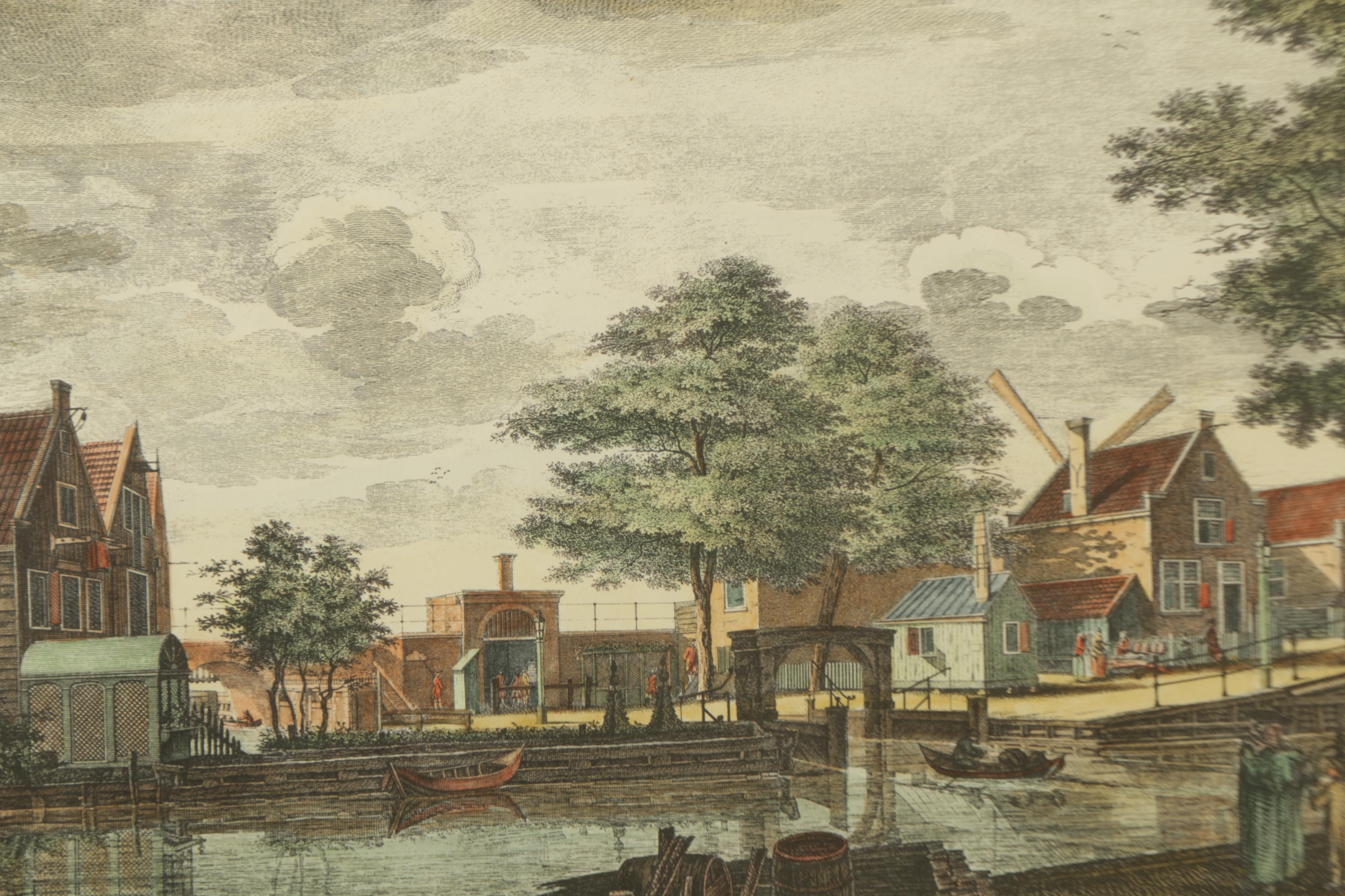 Hand Colored Lithograph After Dutch Etching of Amsterdam Port Landscape