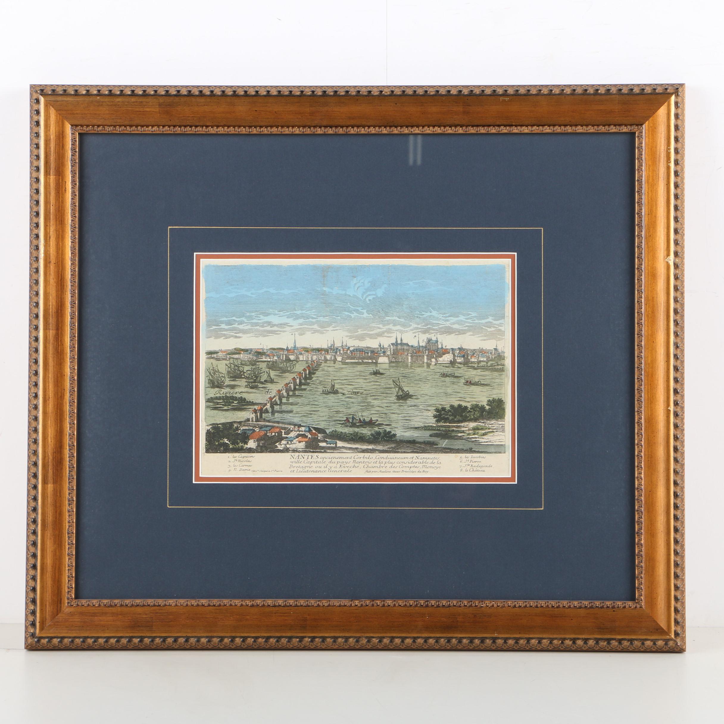 Hand-Colored Lithograph on Paper After Antique Etching of Nantes, France