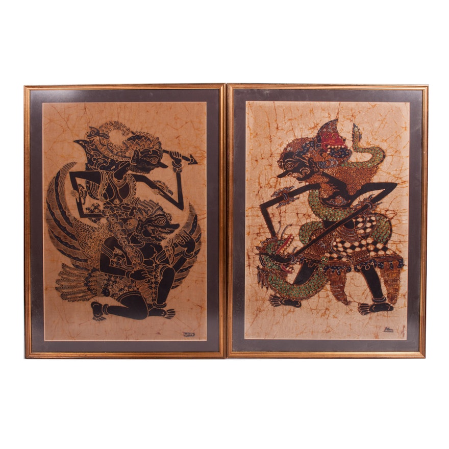 Pair of Indonesian Batik Paintings on Cotton After the Balinese Style